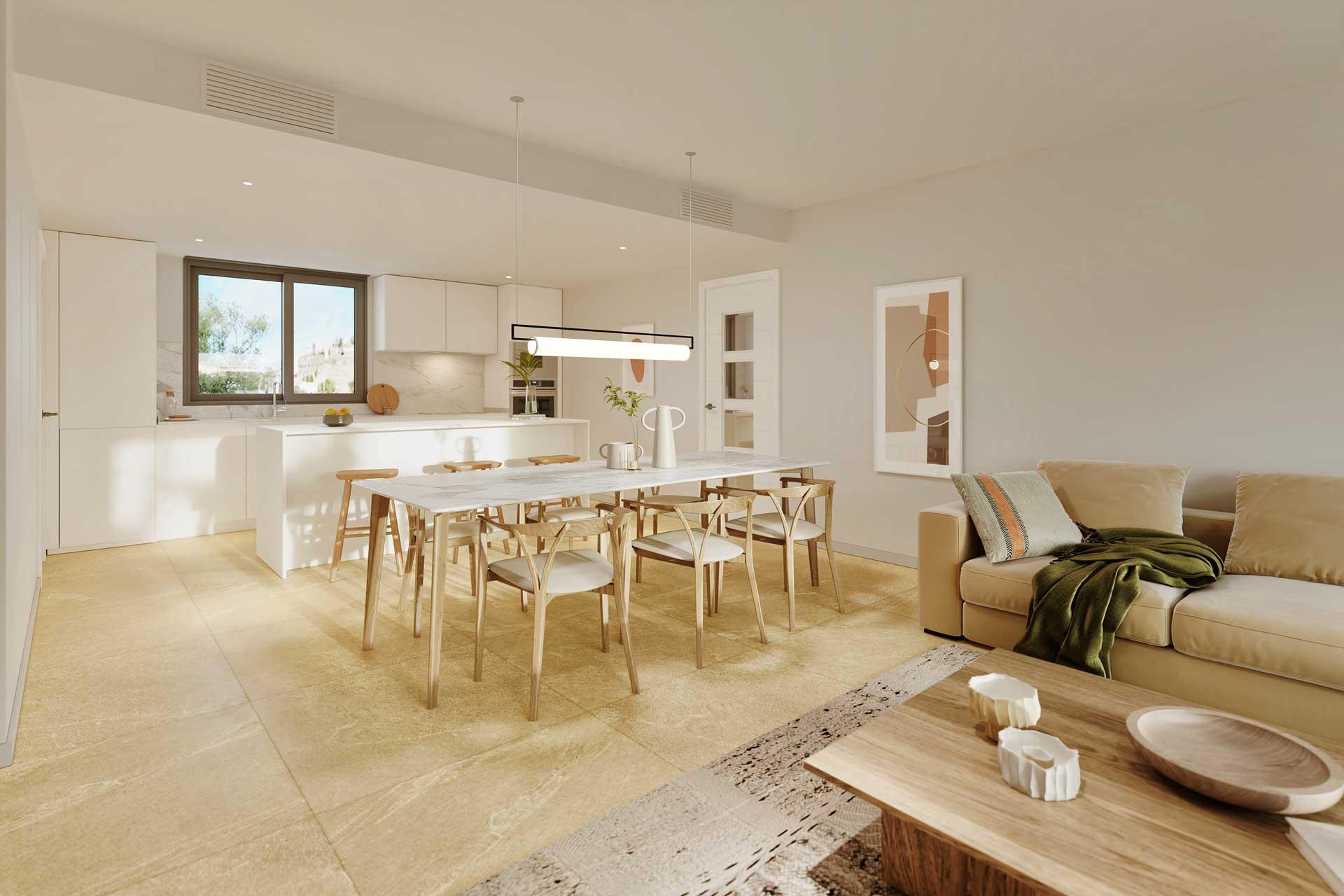 Open-plan living and dining area in 2-bedroom penthouse, Las Mesas, Estepona