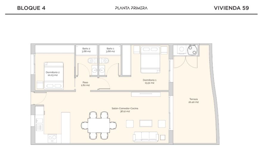 Floor plan of the 2-bedroom apartment in Golf Puig Campana