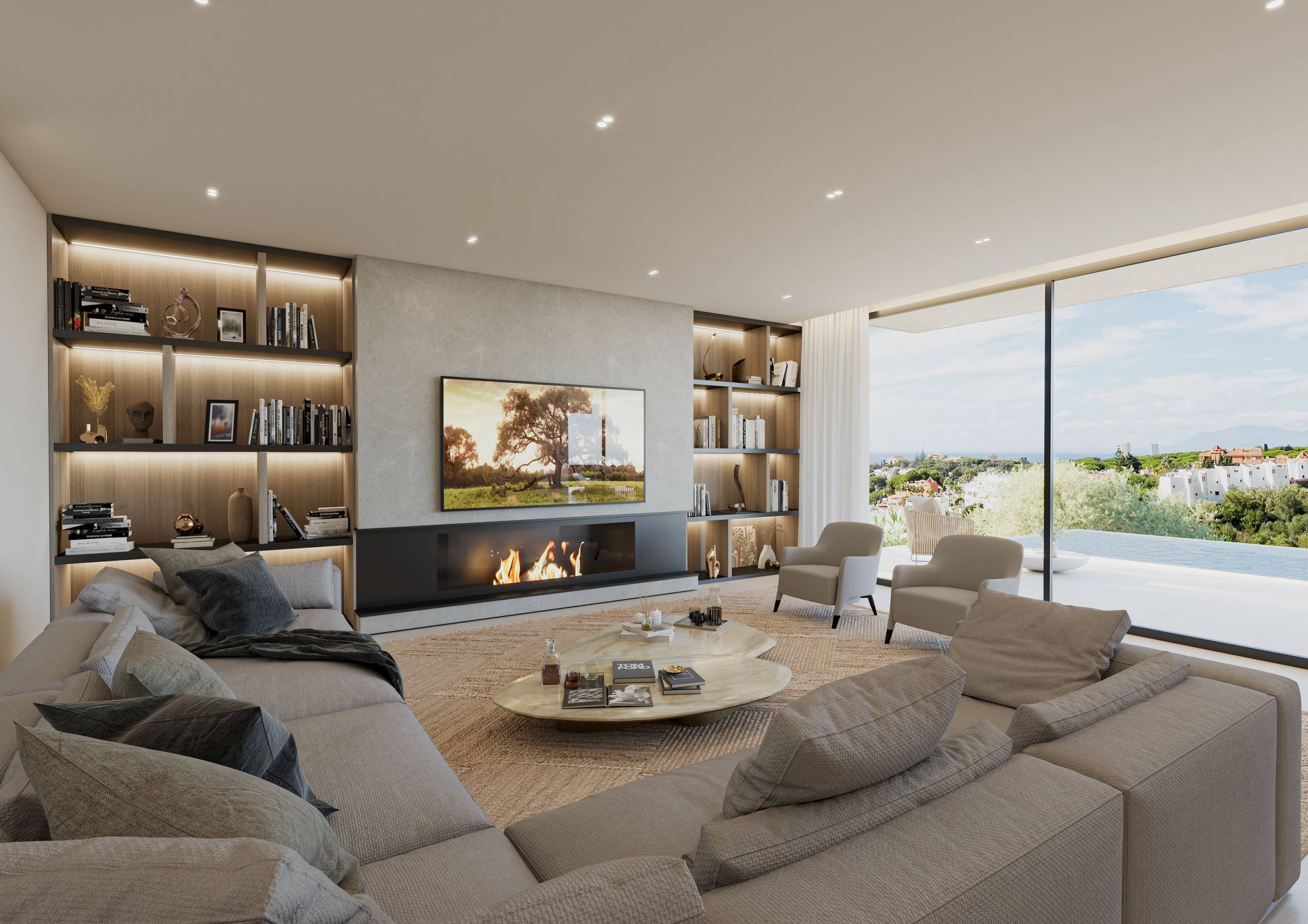 Terrace and outdoor space viewed from inside villa, La Reserva de Marbella