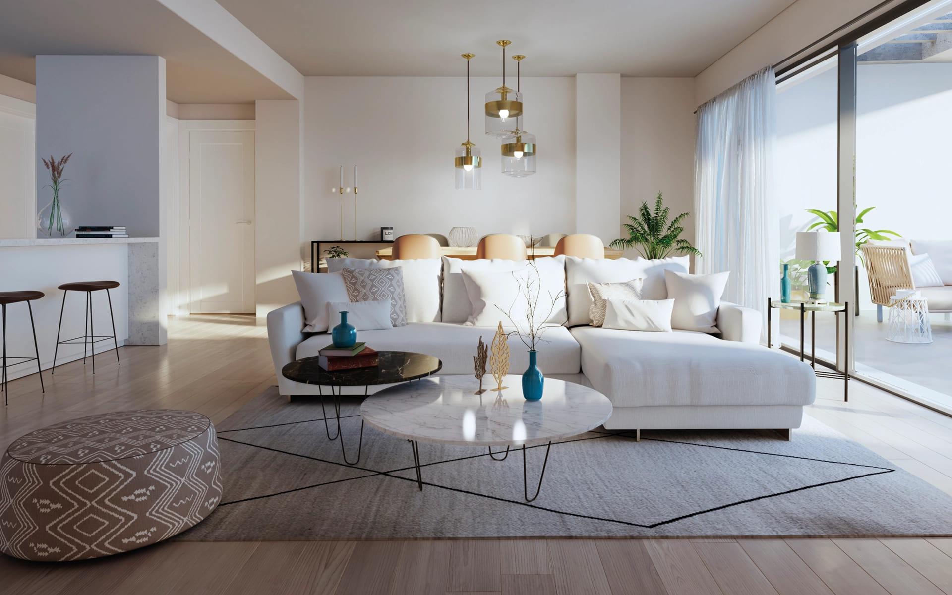 Living area in 2-bedroom new-build apartment, La Cala de Mijas