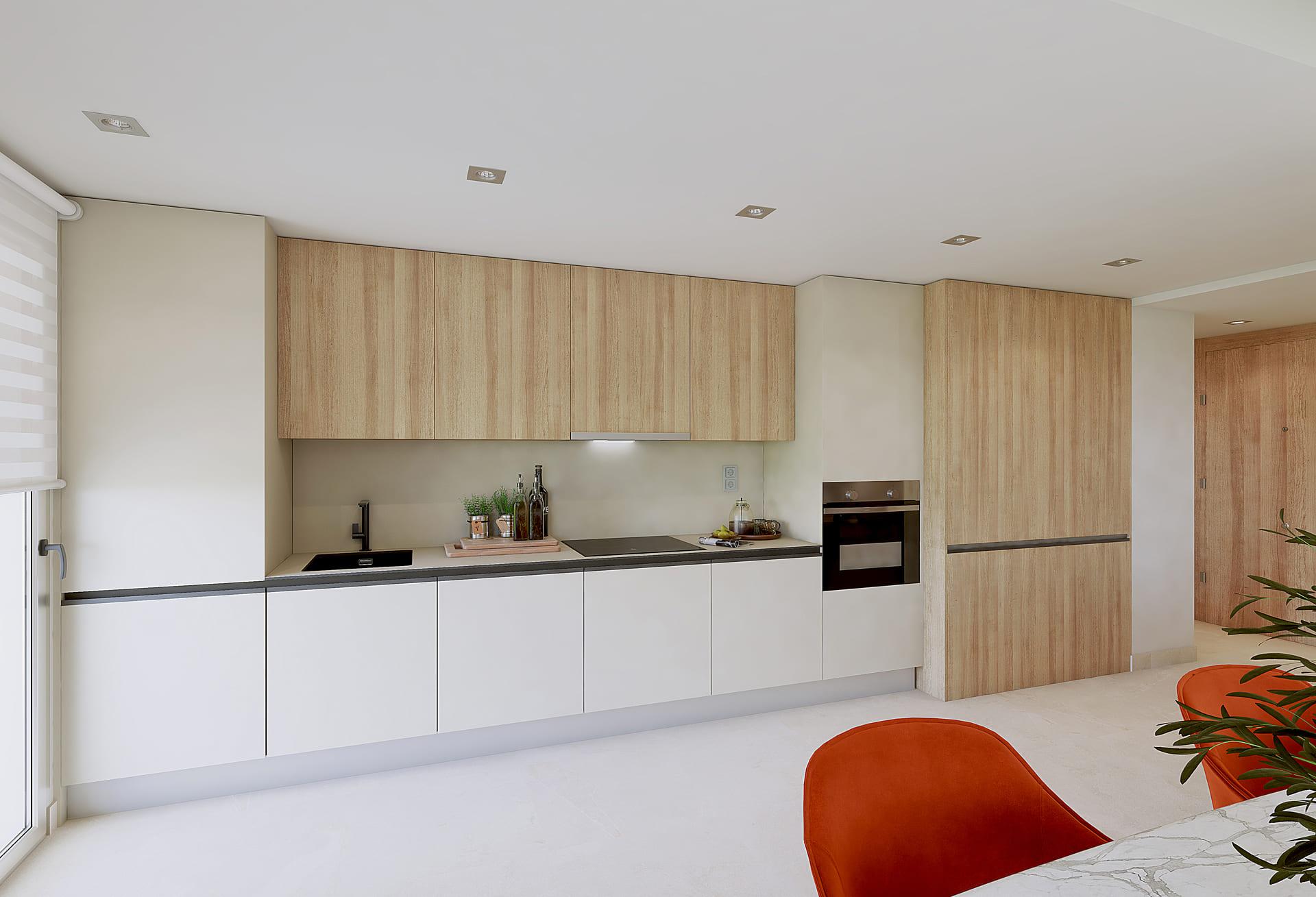 Kitchen detail showing fitted units in new-build penthouse, La Cala Golf