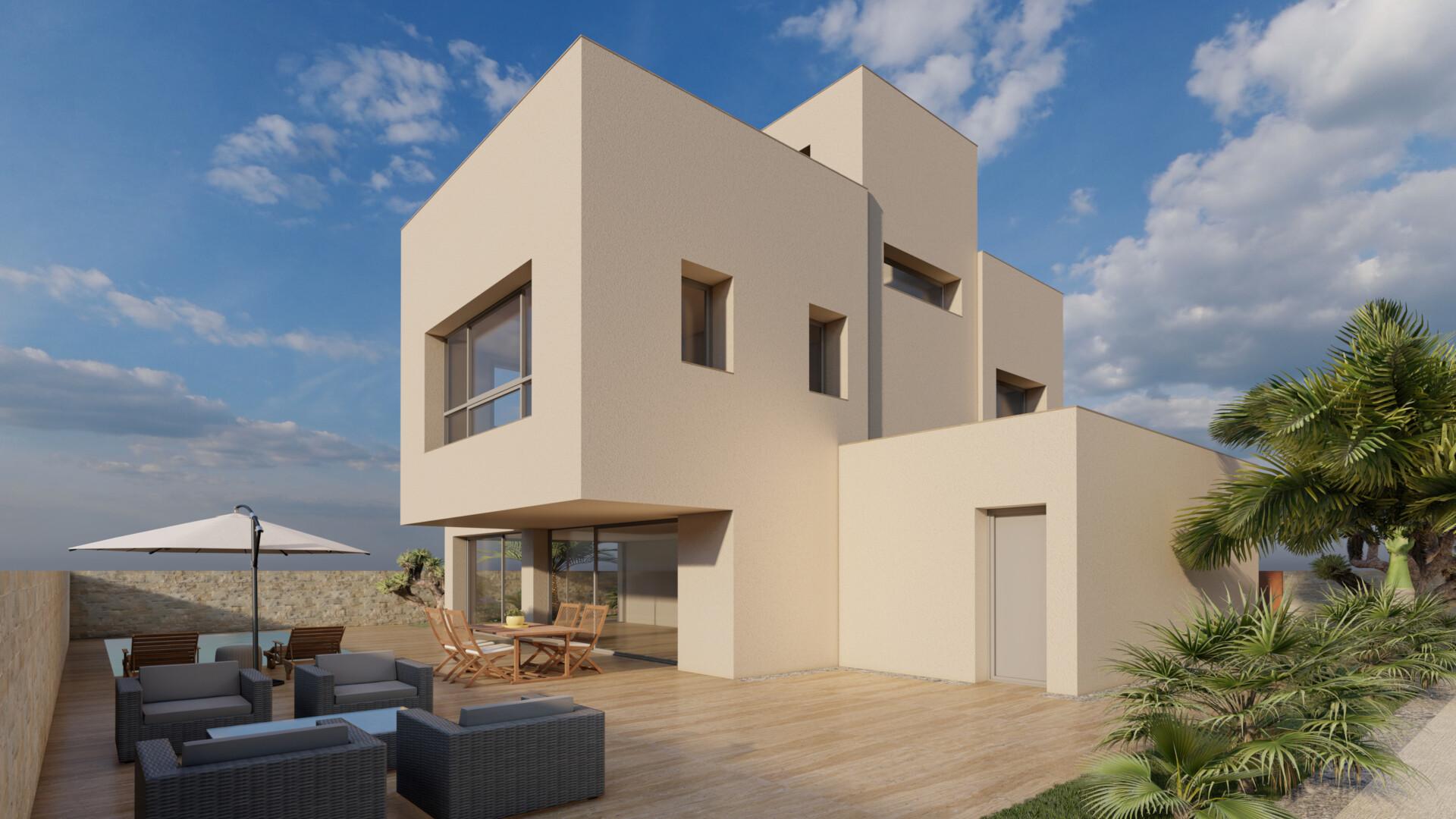Rear garden view of new-build villa, La Torre de la Horadada