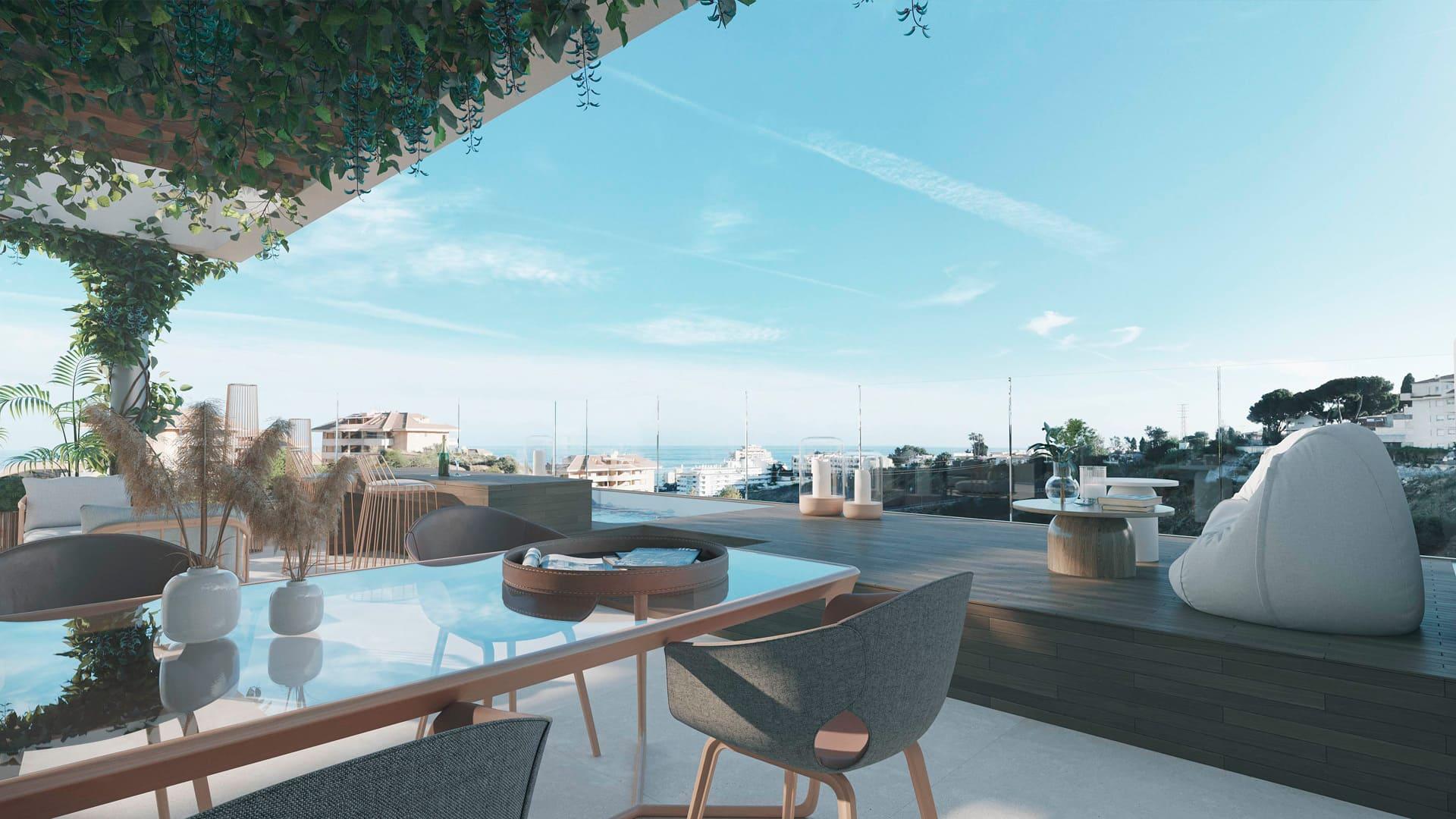 Kitchen island and dining area in new-build villa, El Higuerón