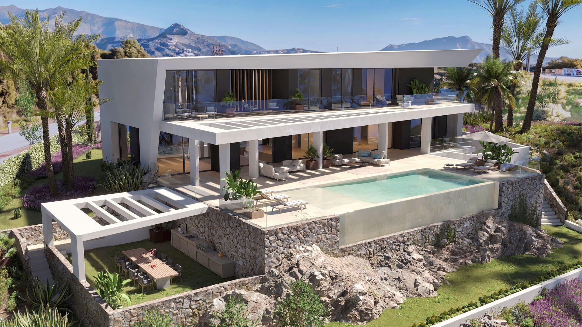 Villa for sale in Parque Central, Estepona - exterior view of new-build property on large plot