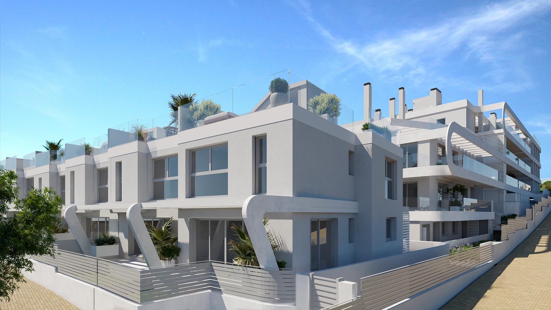 Street view of new-build villa development in Zona Calvario, Estepona