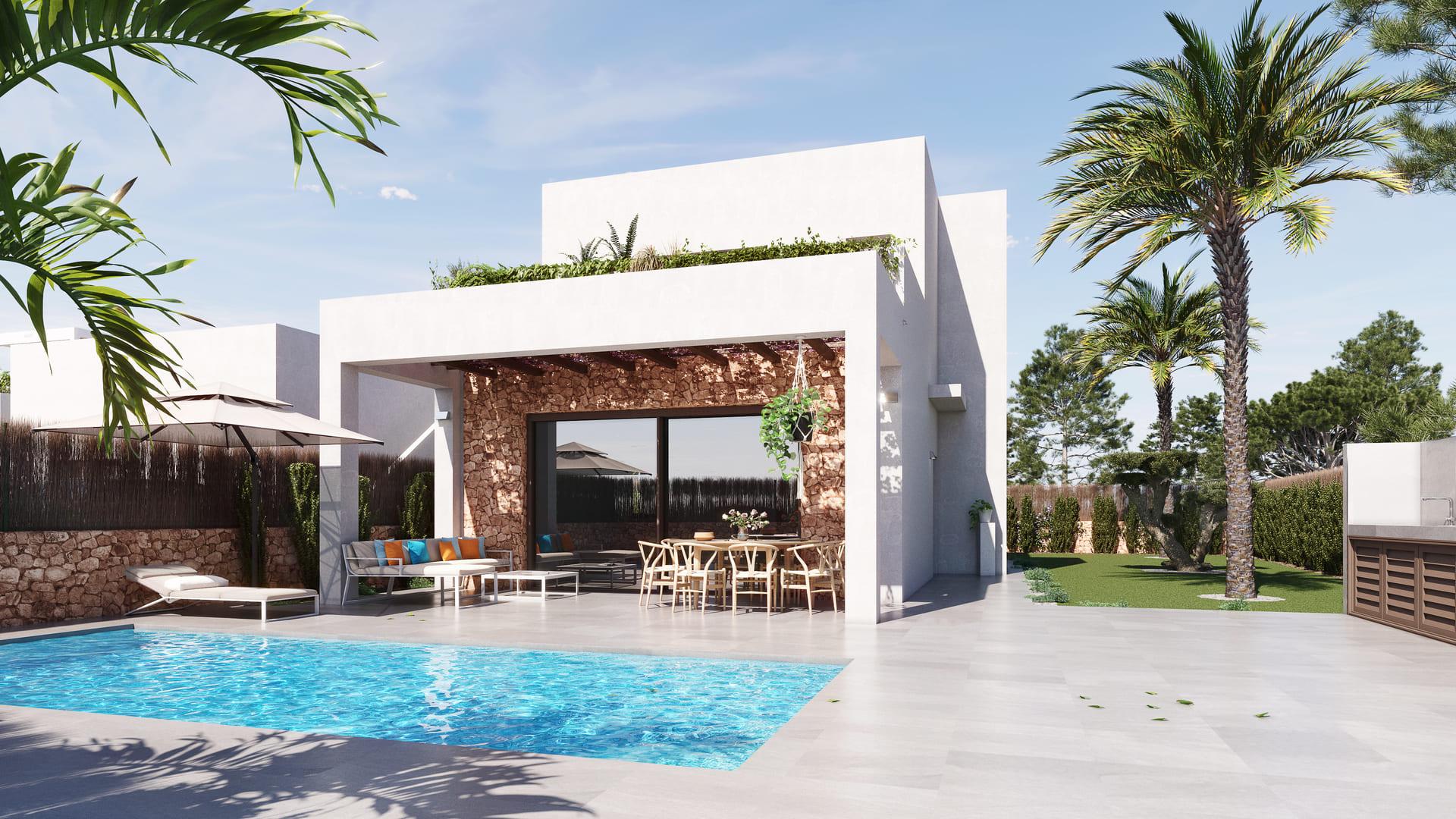 Front facade of 3-bedroom new-build villa in Los Dolses, Orihuela Costa