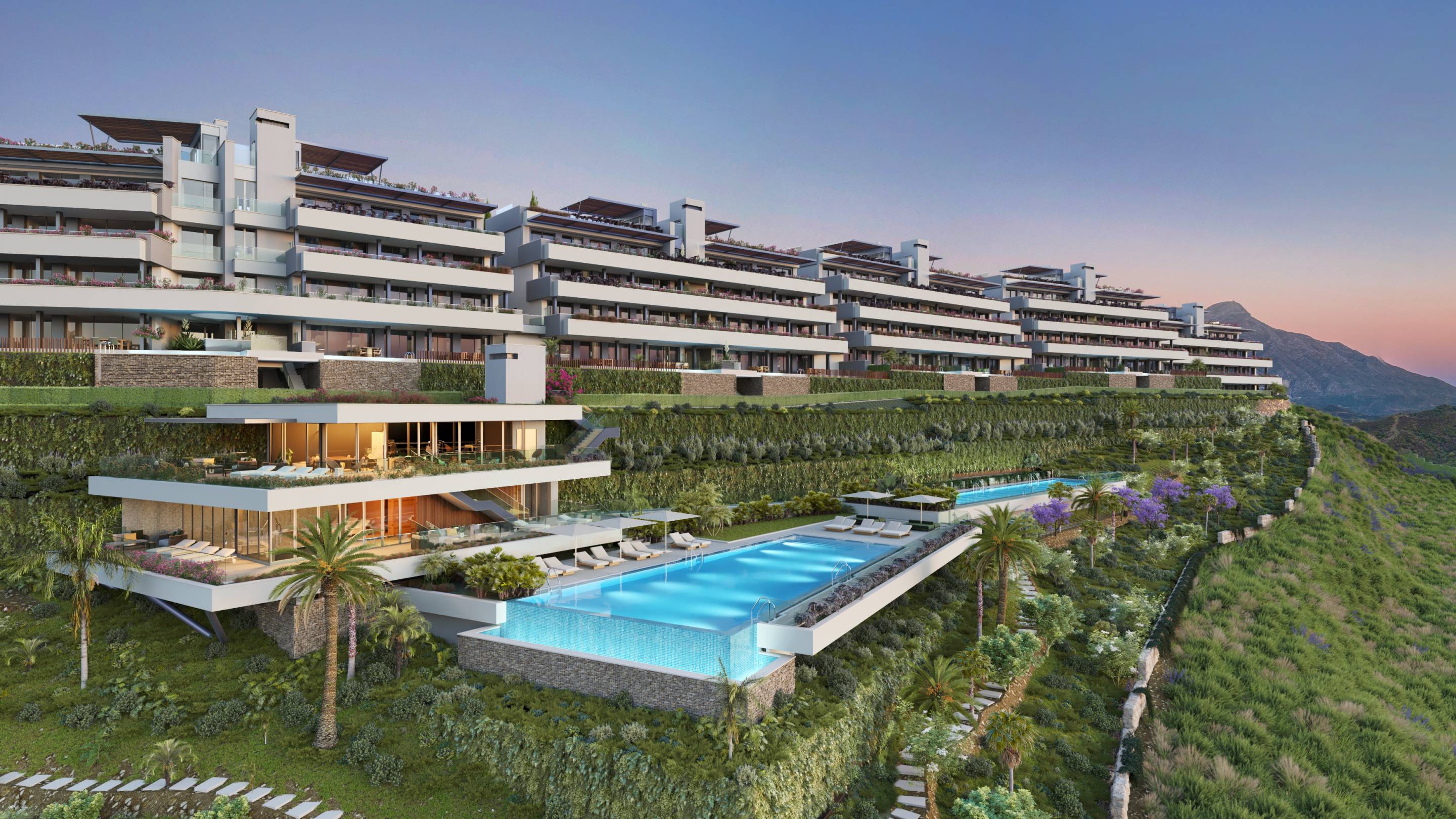 Open-plan living and dining area in 3-bedroom penthouse, La Quinta, Benahavis