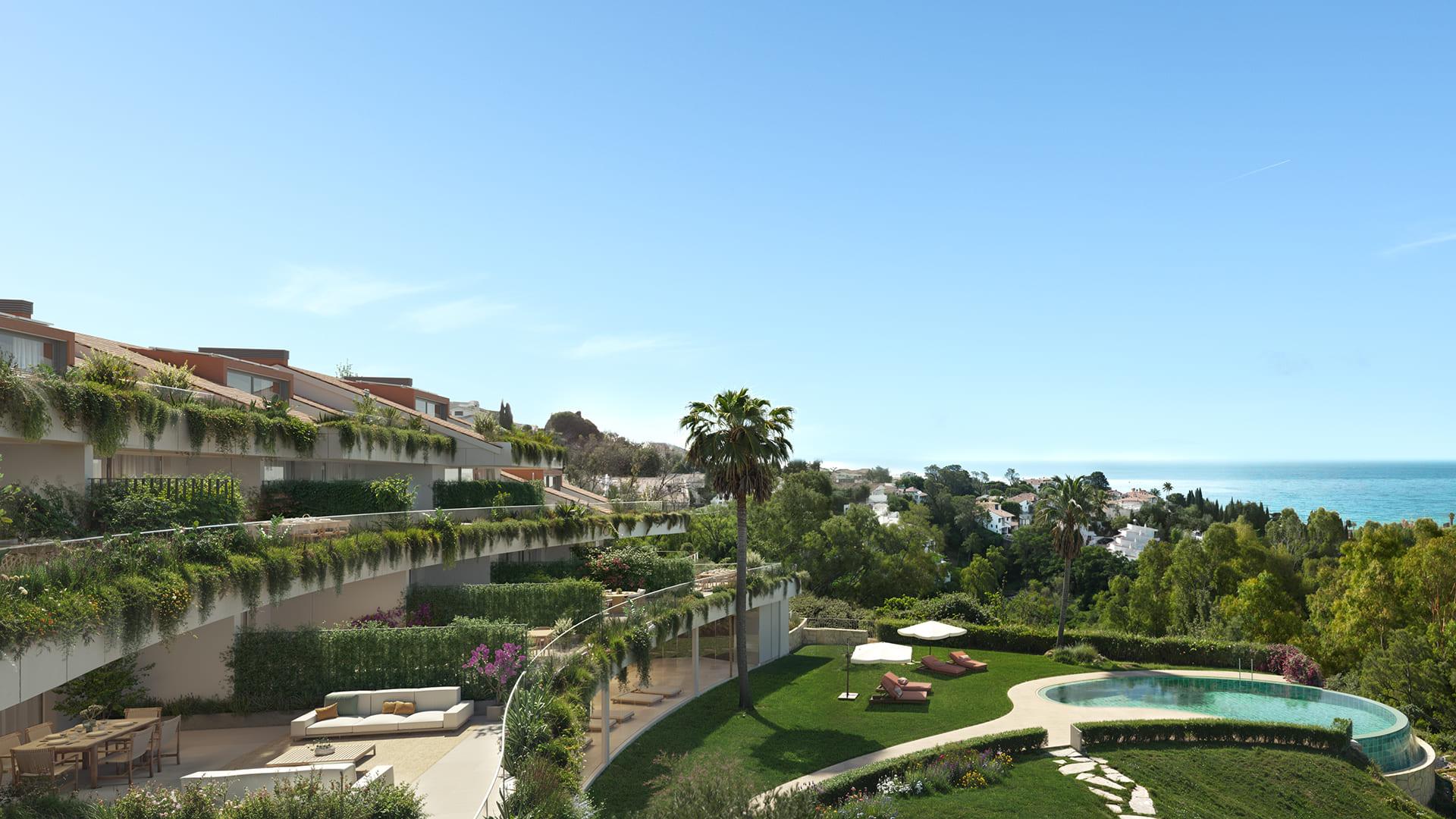 Communal gardens in new-build development, La Perla, Benalmádena