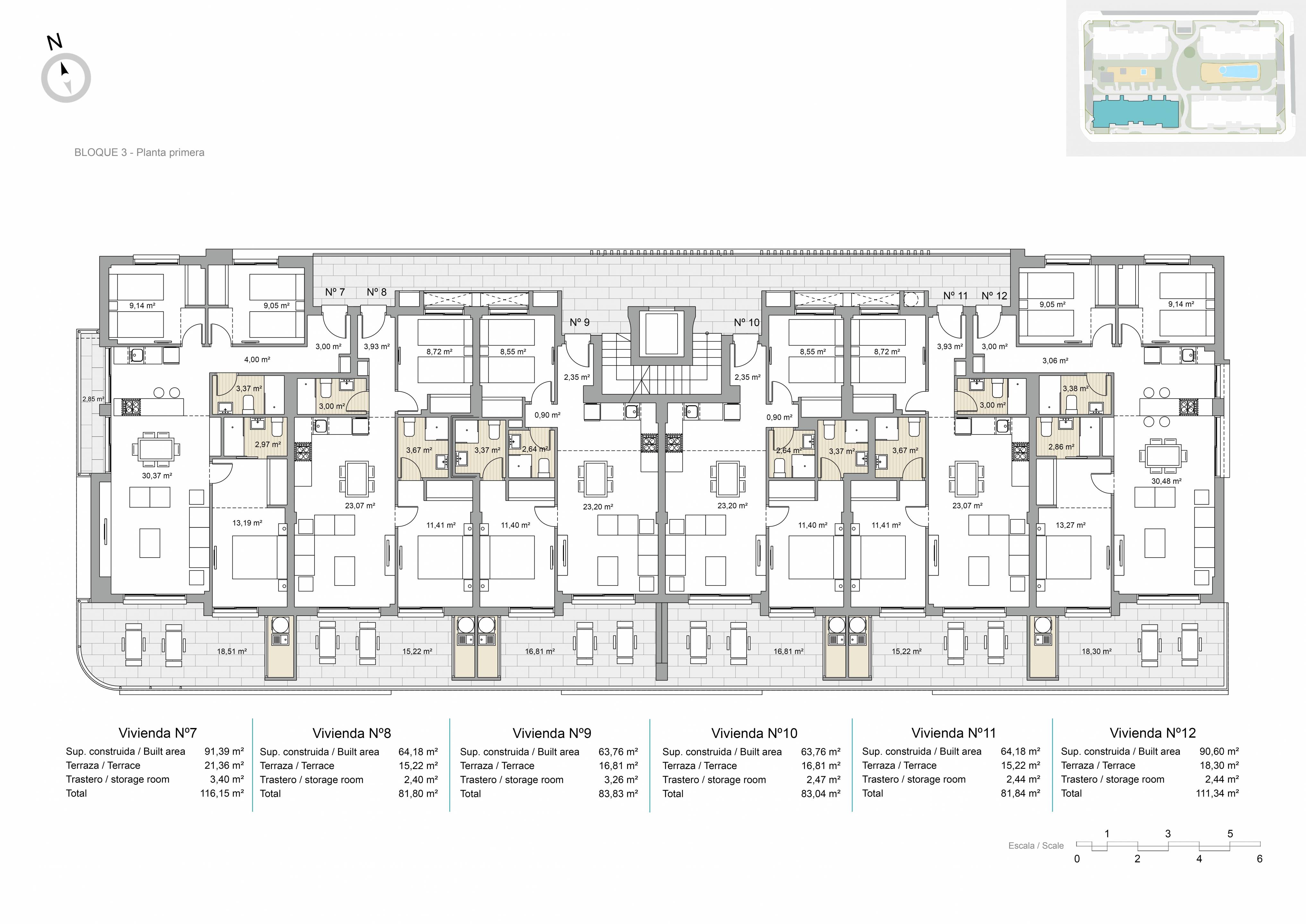 Floor plan of 3-bedroom apartment, Zona Pueblo, Pilar De La Horadada - 111m2 layout