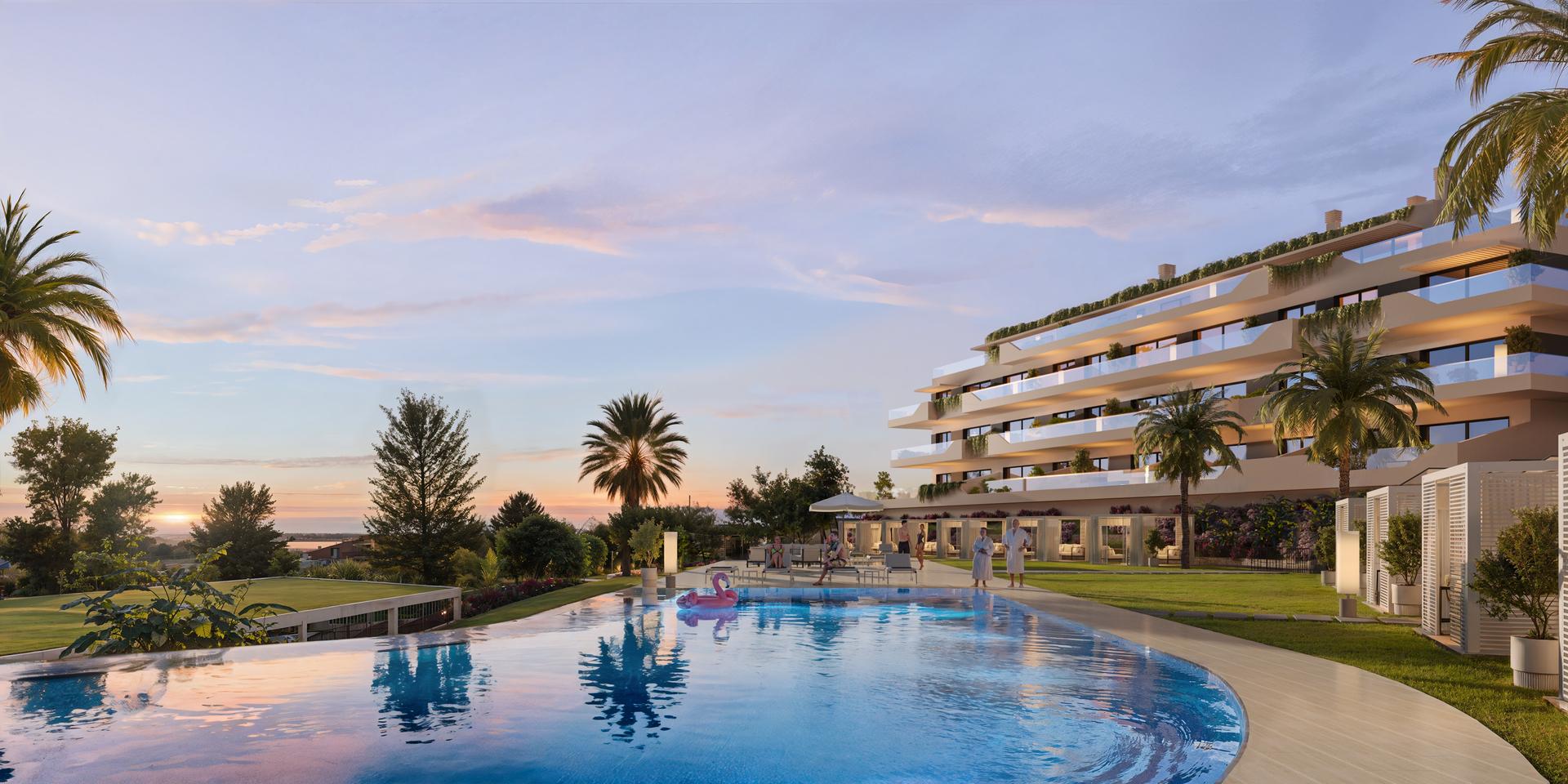 Night view of the illuminated pool area