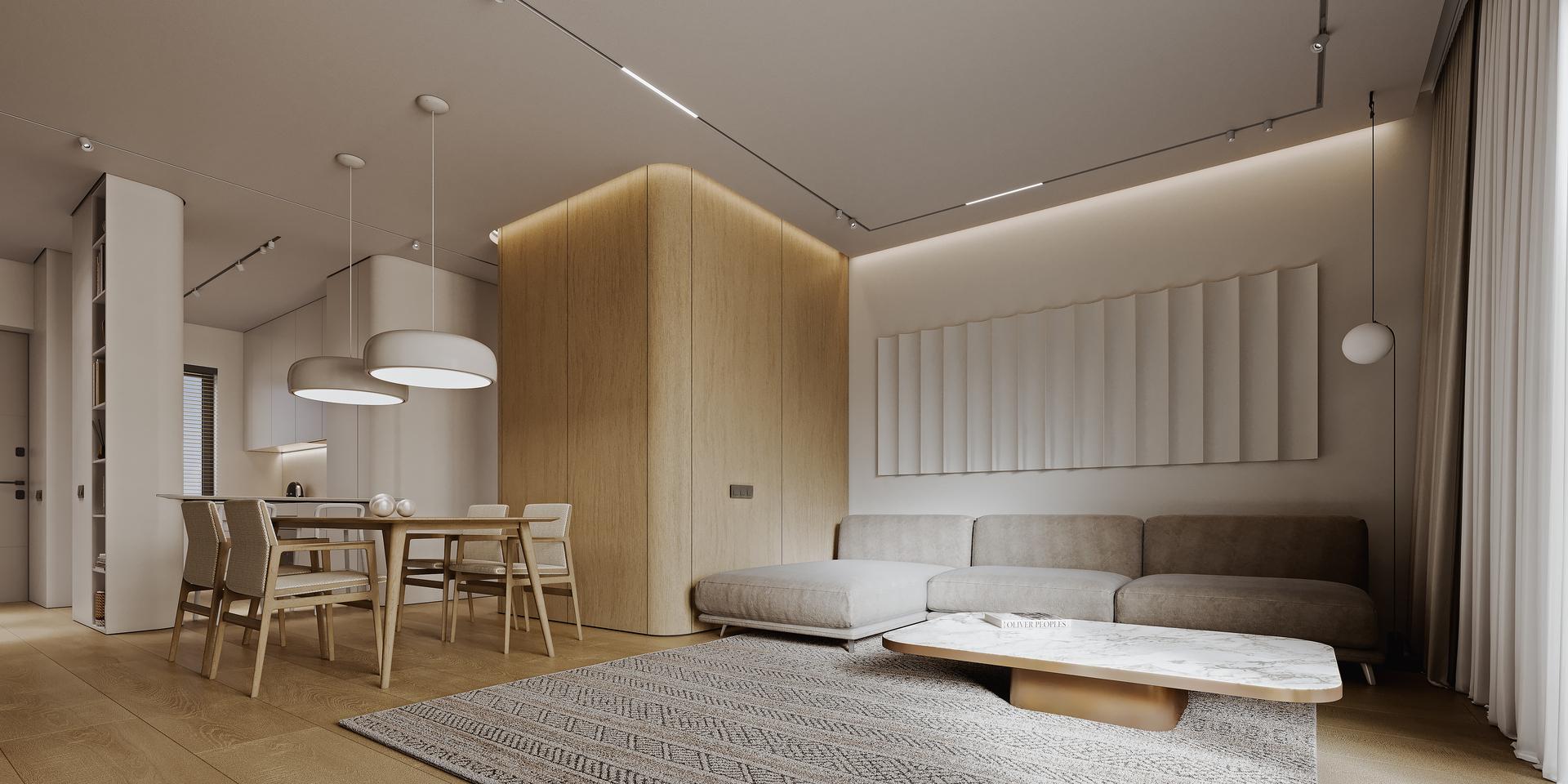 Open-plan living and dining area with floor-to-ceiling windows