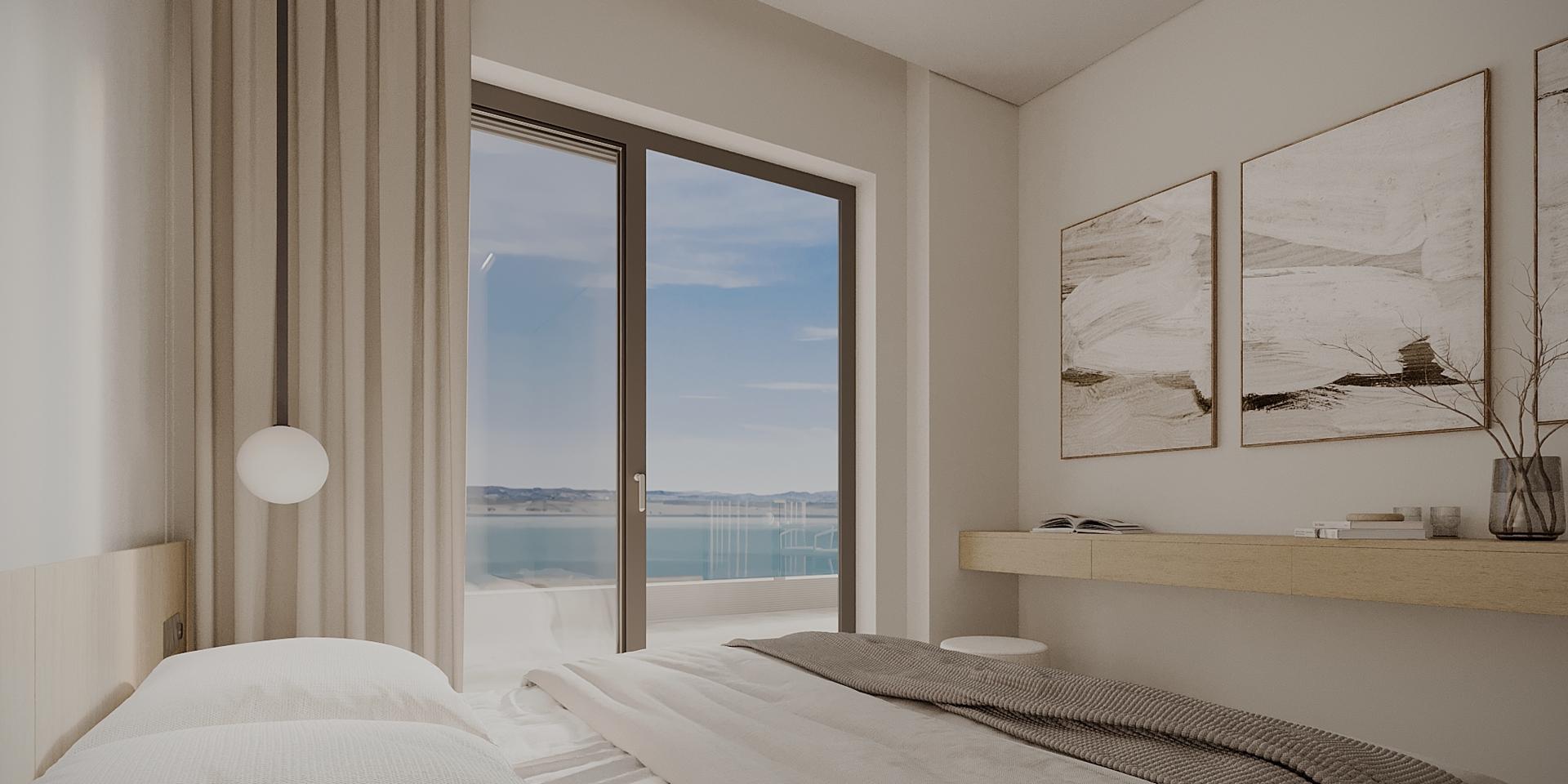 Master bedroom with panoramic window and wardrobe