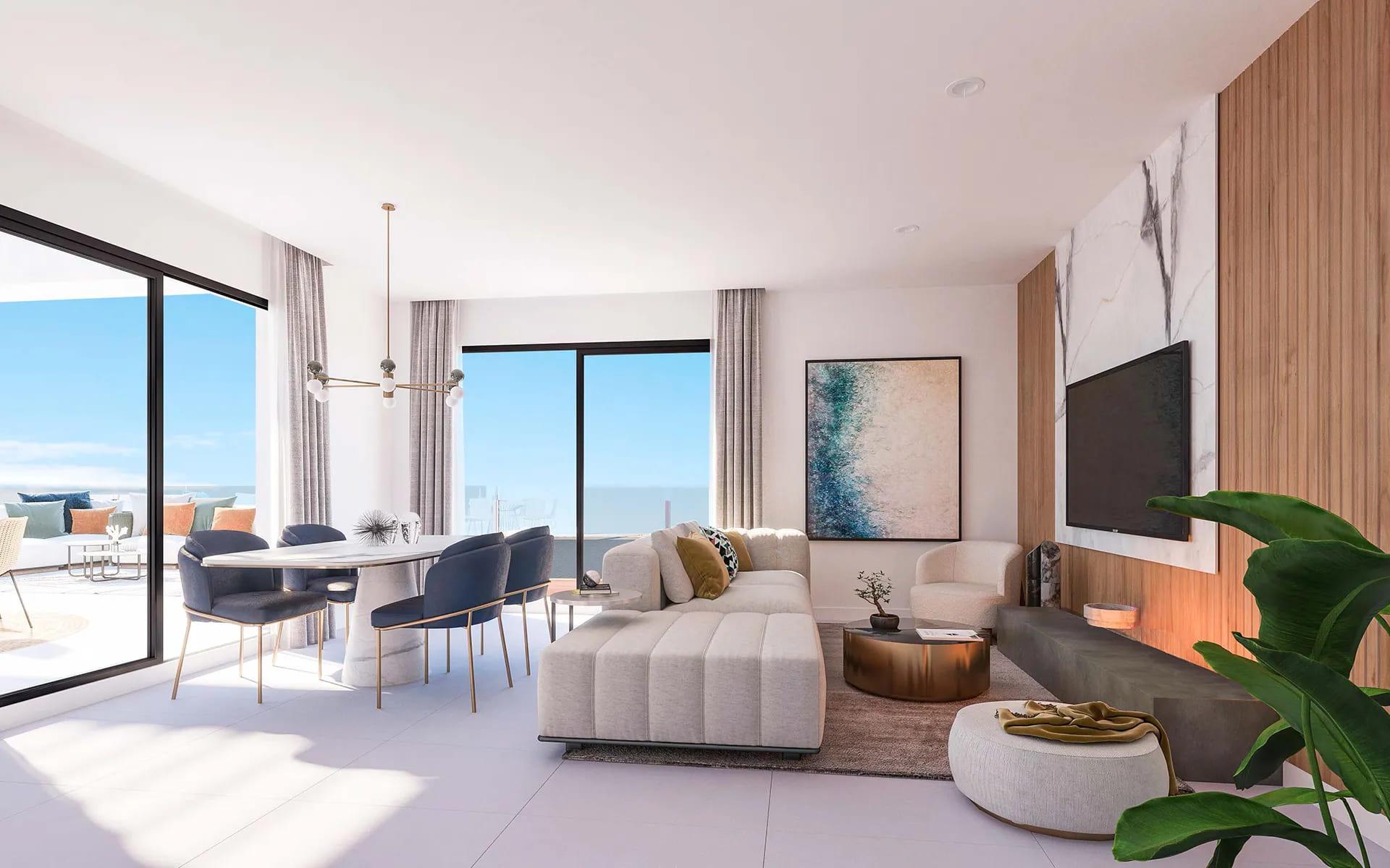 Open-plan living and dining area in 2-bedroom penthouse, Montealto, Benalmádena