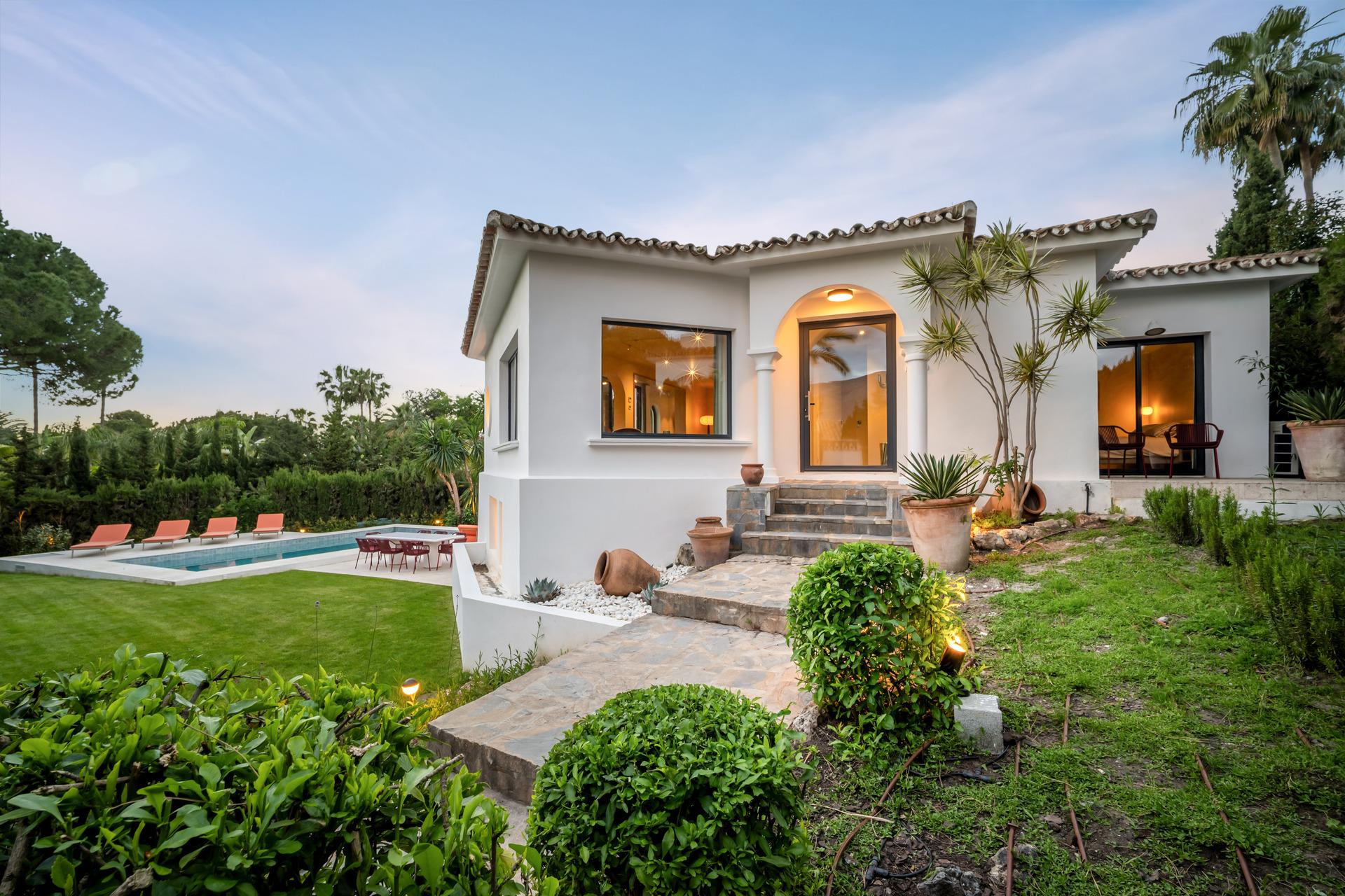 Pool illuminated in the evening, new-build villa, Puerto Banús