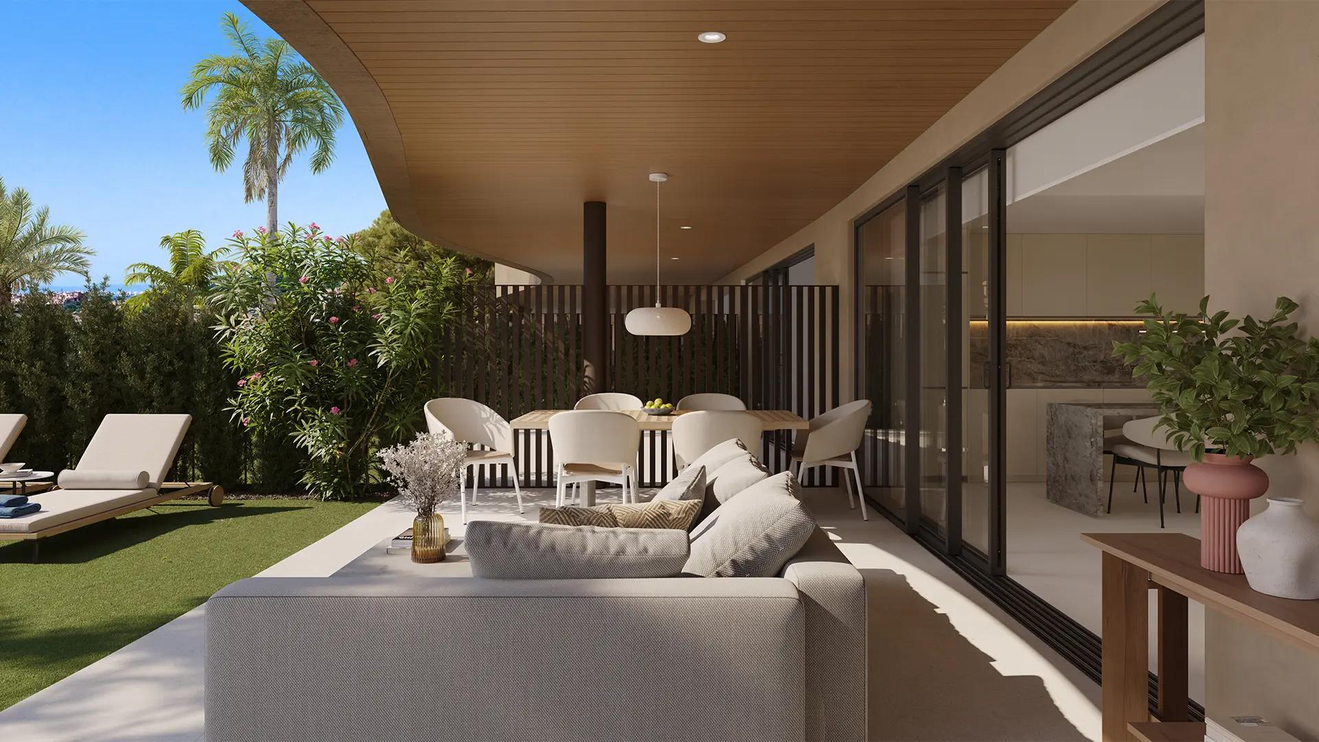 Communal pool area of new-build development in El Higuerón, Fuengirola