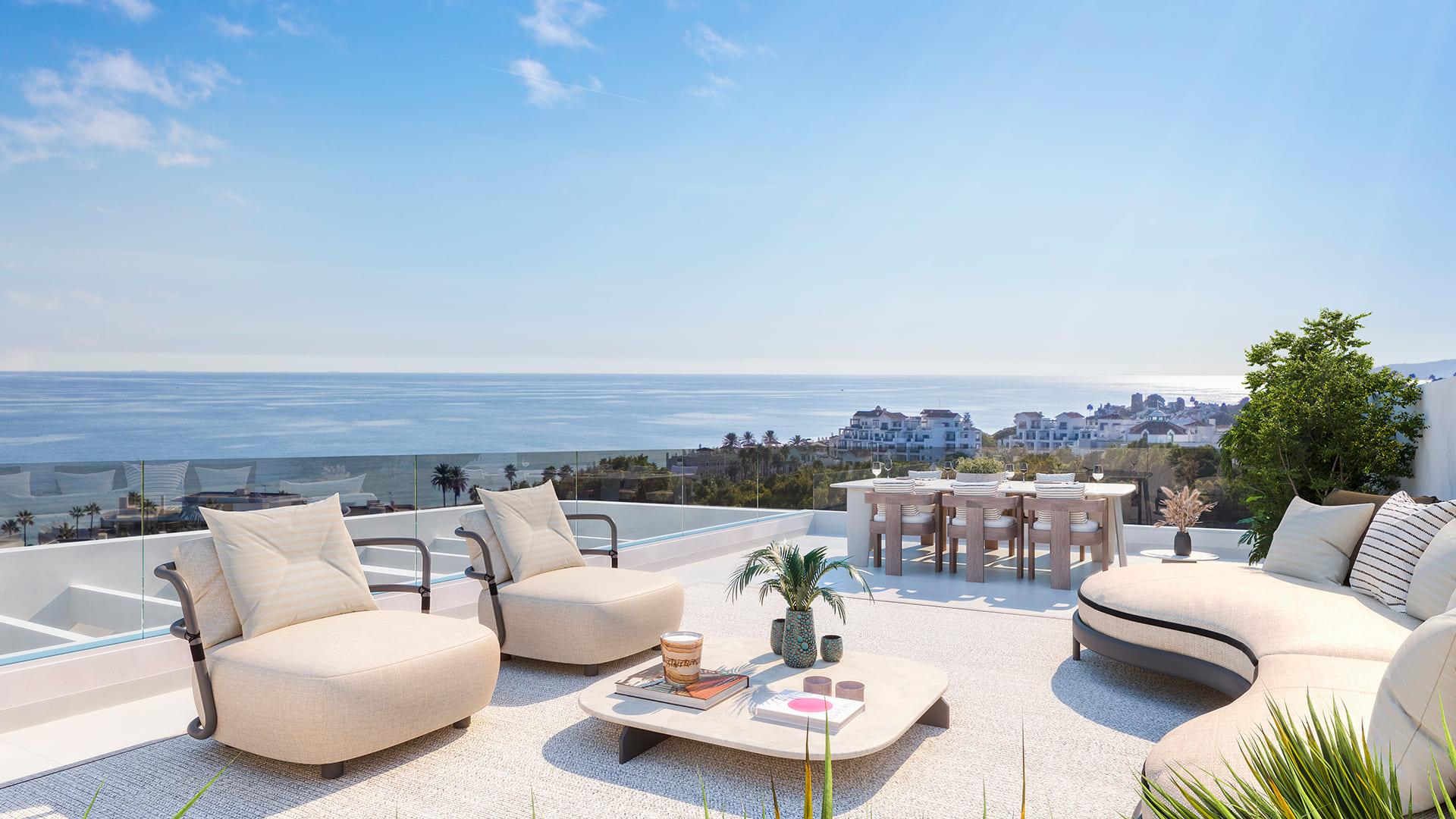 Communal pool area of new-build development, Arroyo Vaquero, Estepona