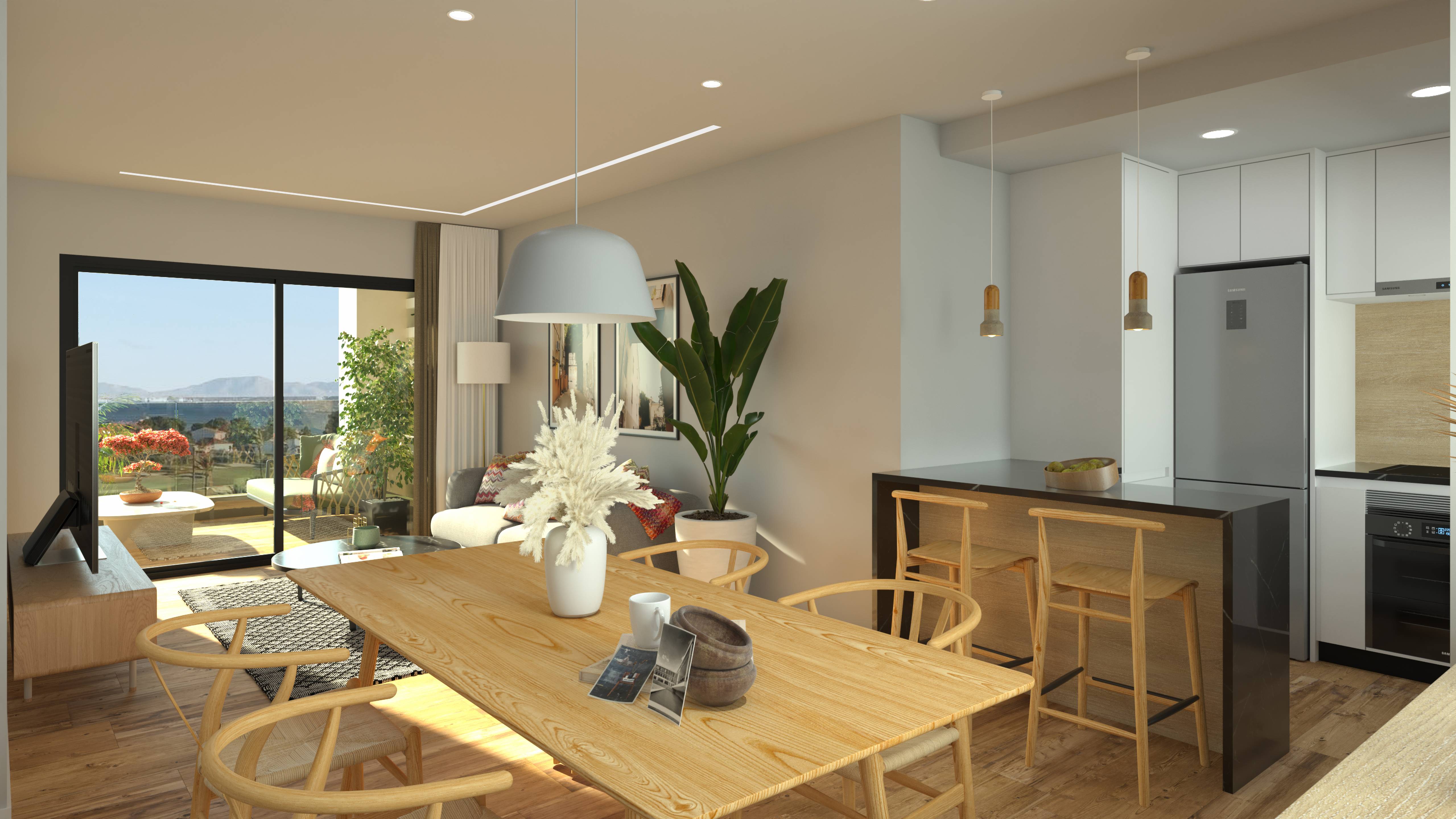 Outdoor terrace with seating space, new-build apartment, Serena Golf