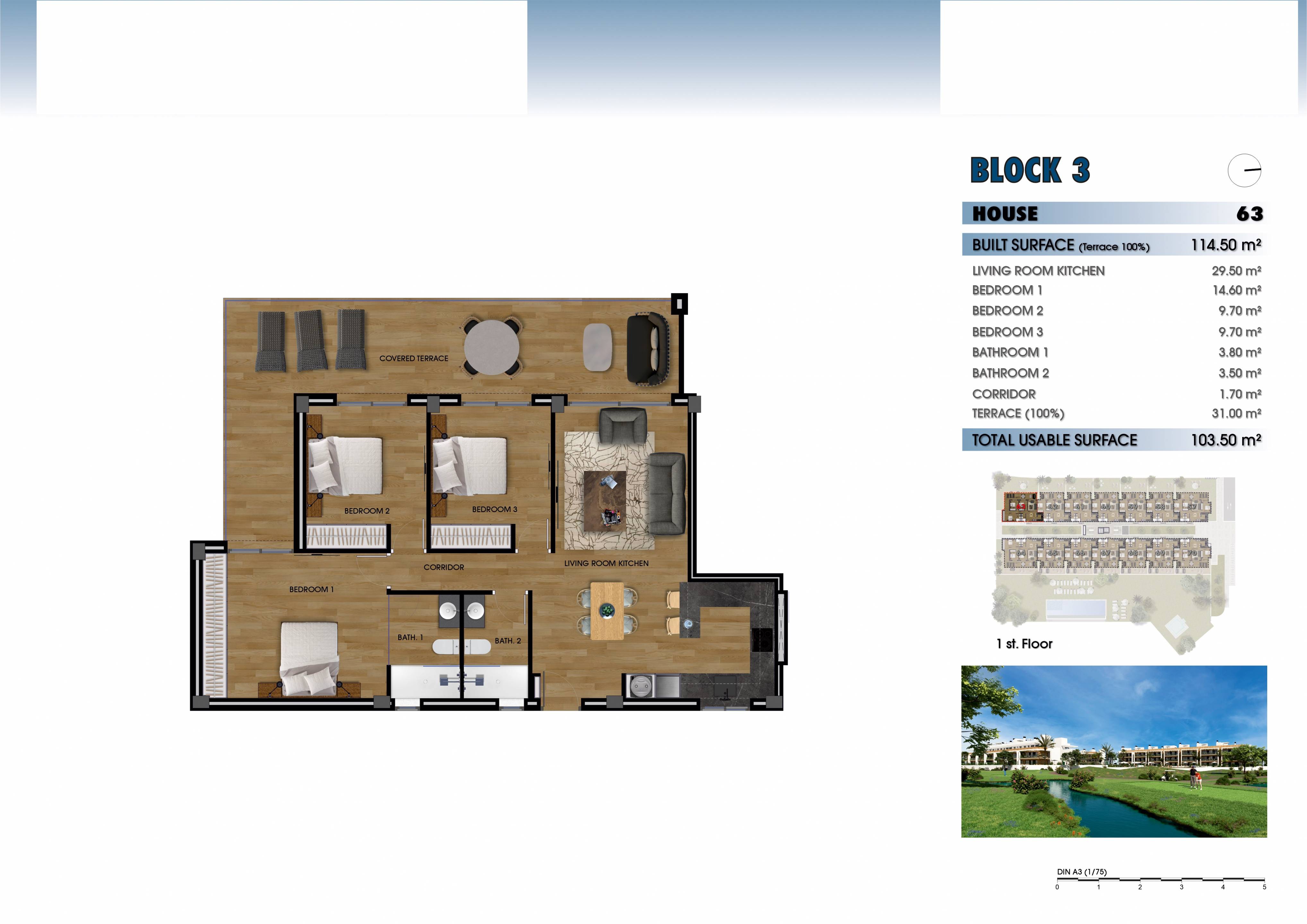 Floor plan of 3-bedroom new-build apartment, Serena Golf, Los Alcázares