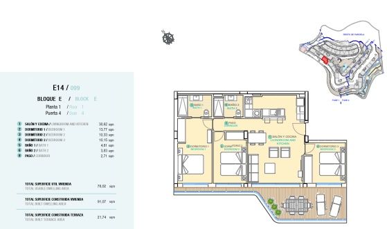 Floor plan of the 3-bedroom ground-floor apartment, Hornillo, Águilas