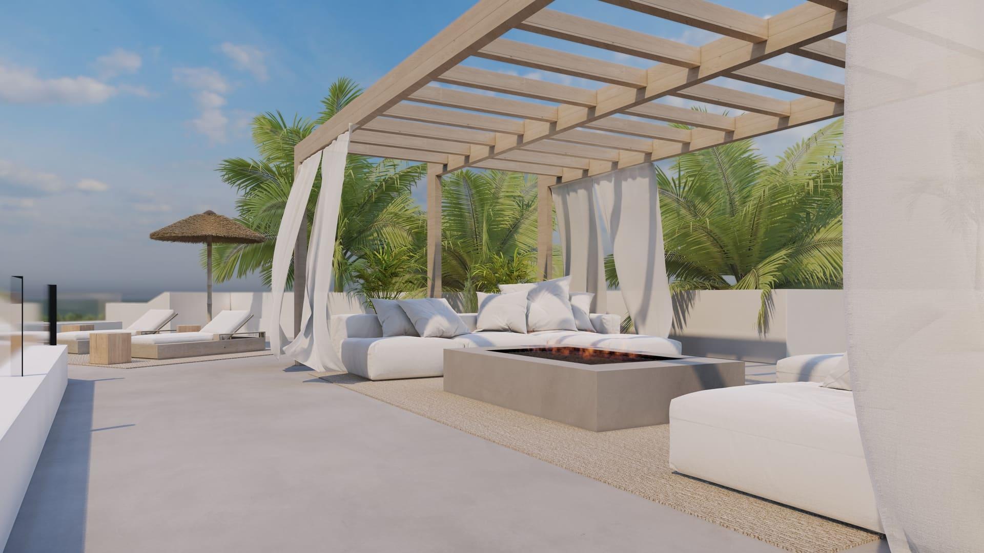 Rear elevation and outdoor dining area, new-build villa, Santa María