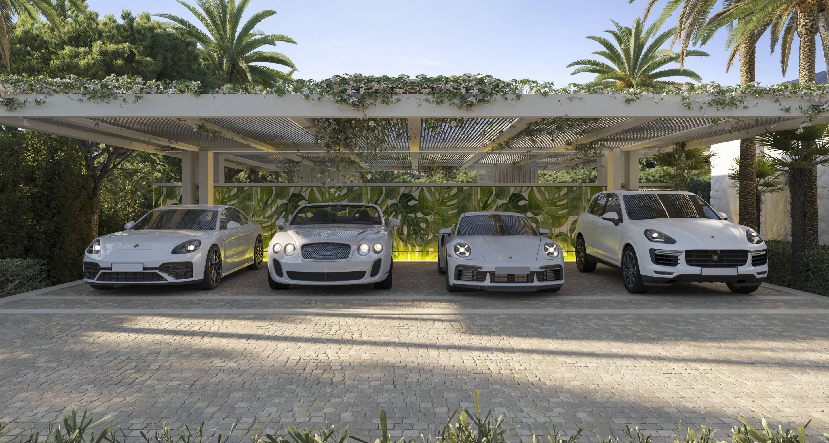 Street view of new-build villa in Las Brisas residential area, Marbella