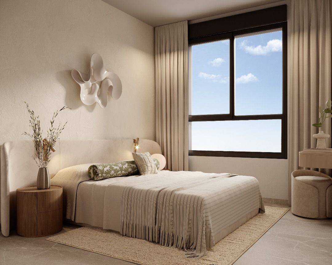 Master bedroom with window overlooking bay, penthouse, Calpe