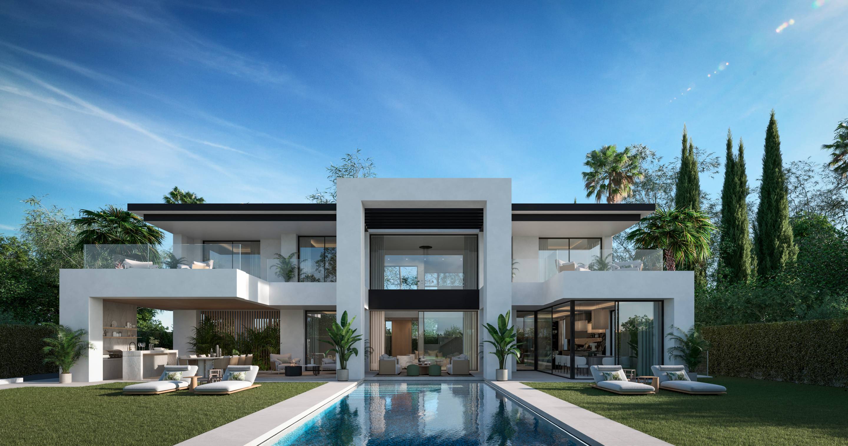 Evening exterior of new-build villa on plot, Whater Gardens