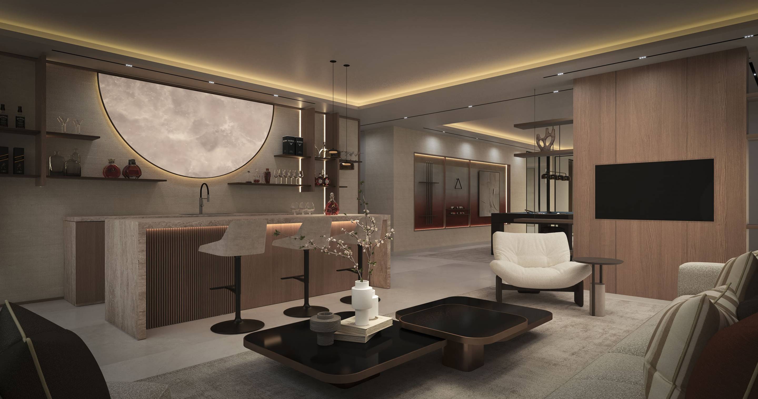 Living room interior with floor-to-ceiling windows, Whater Gardens villa
