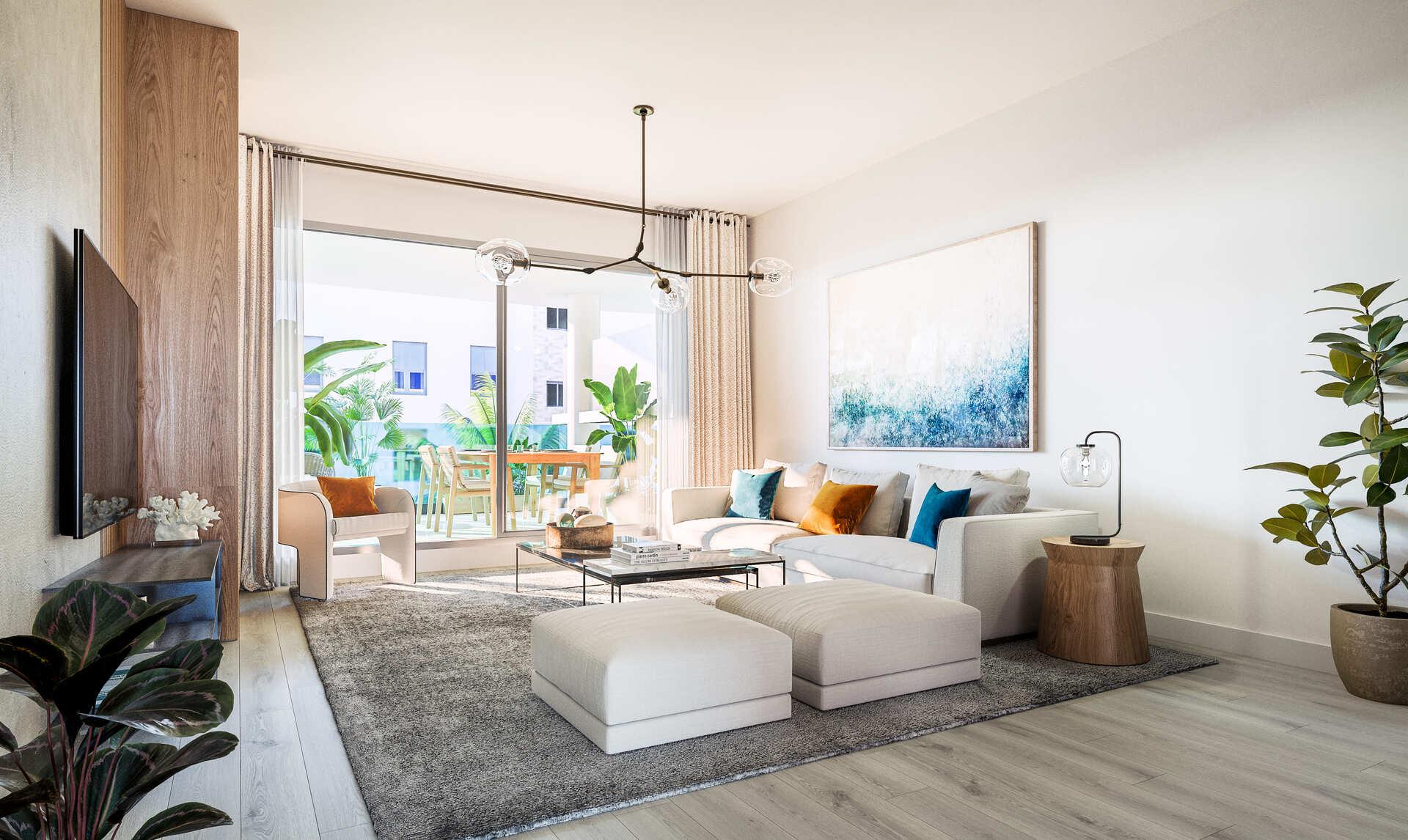 Communal pool area of new-build development in Las Flores, Mijas