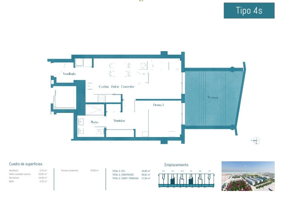 Floor plan of the 1-bedroom apartment in Las Flores