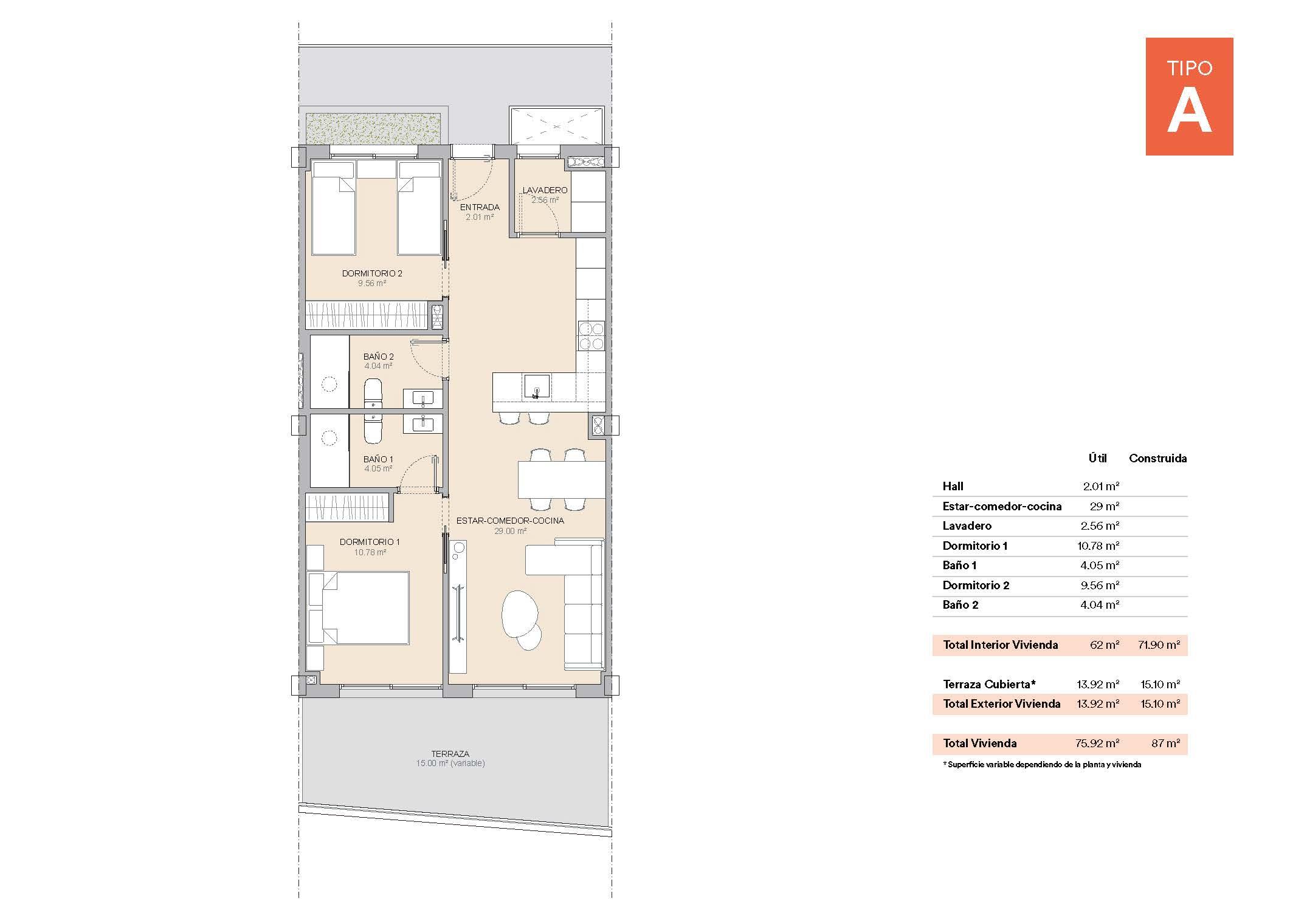 Floor plan of the 2-bedroom apartment in La Nucia Pueblo