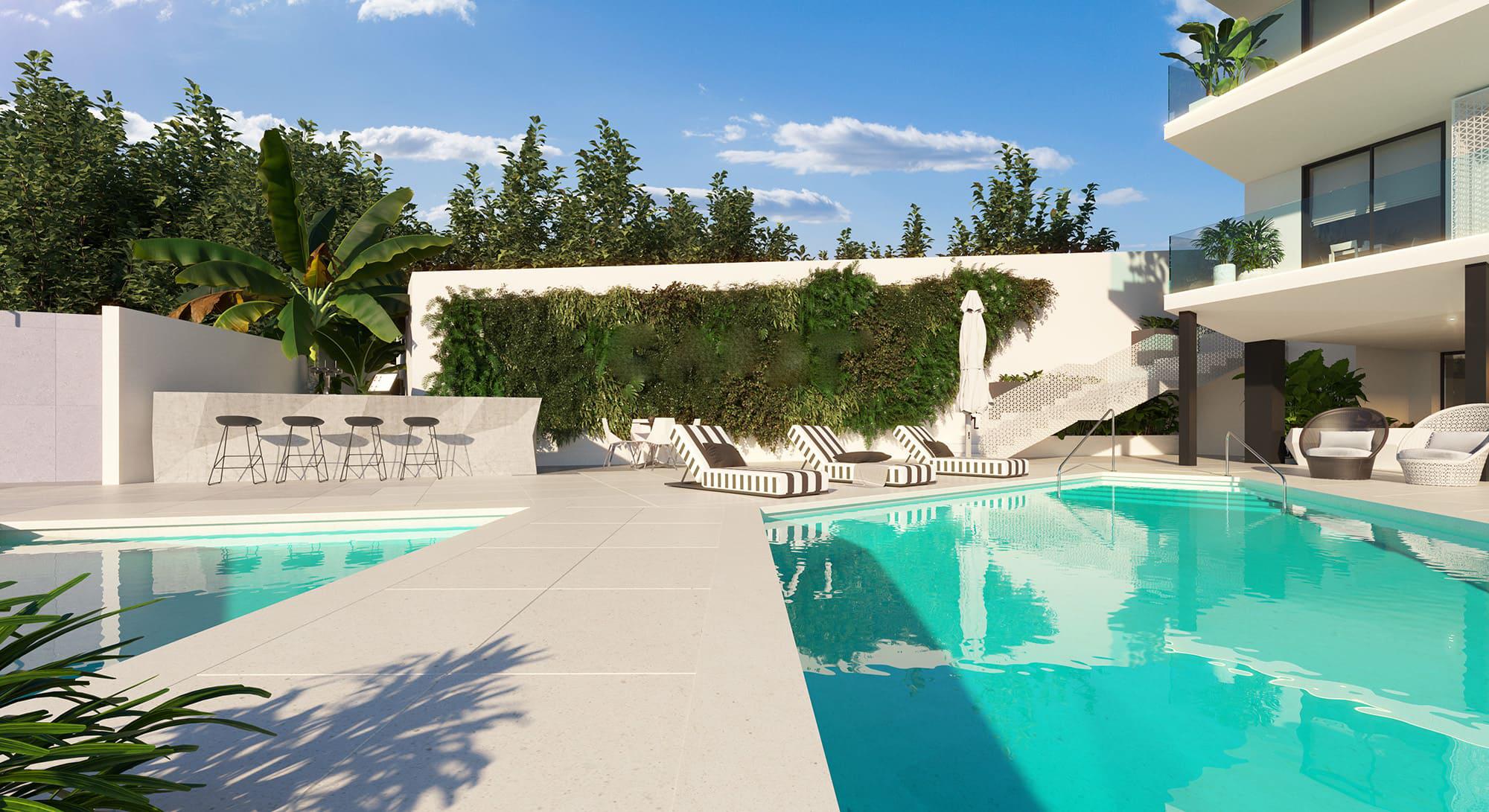 Communal pool area with sun terrace