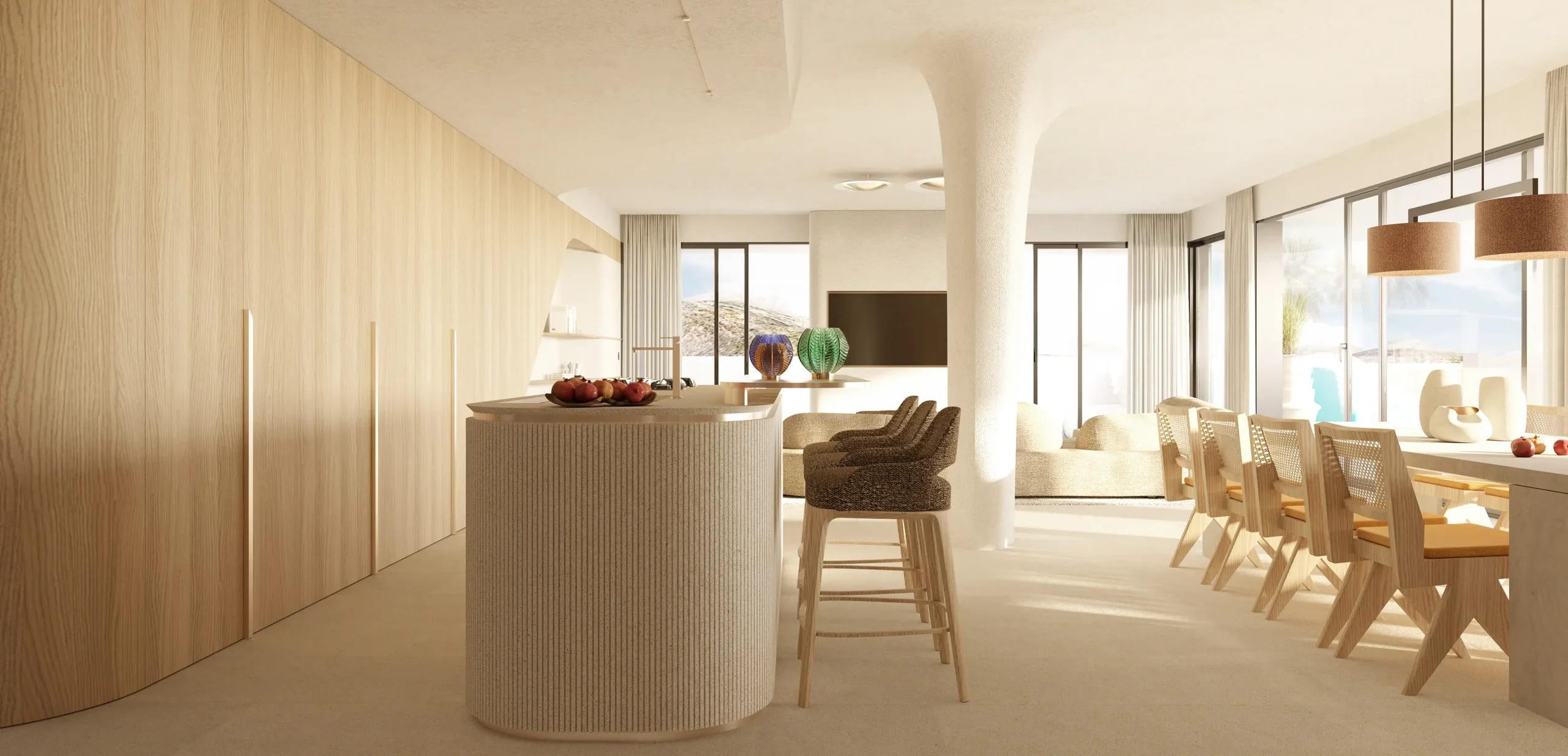 Open-plan kitchen with integrated appliances
