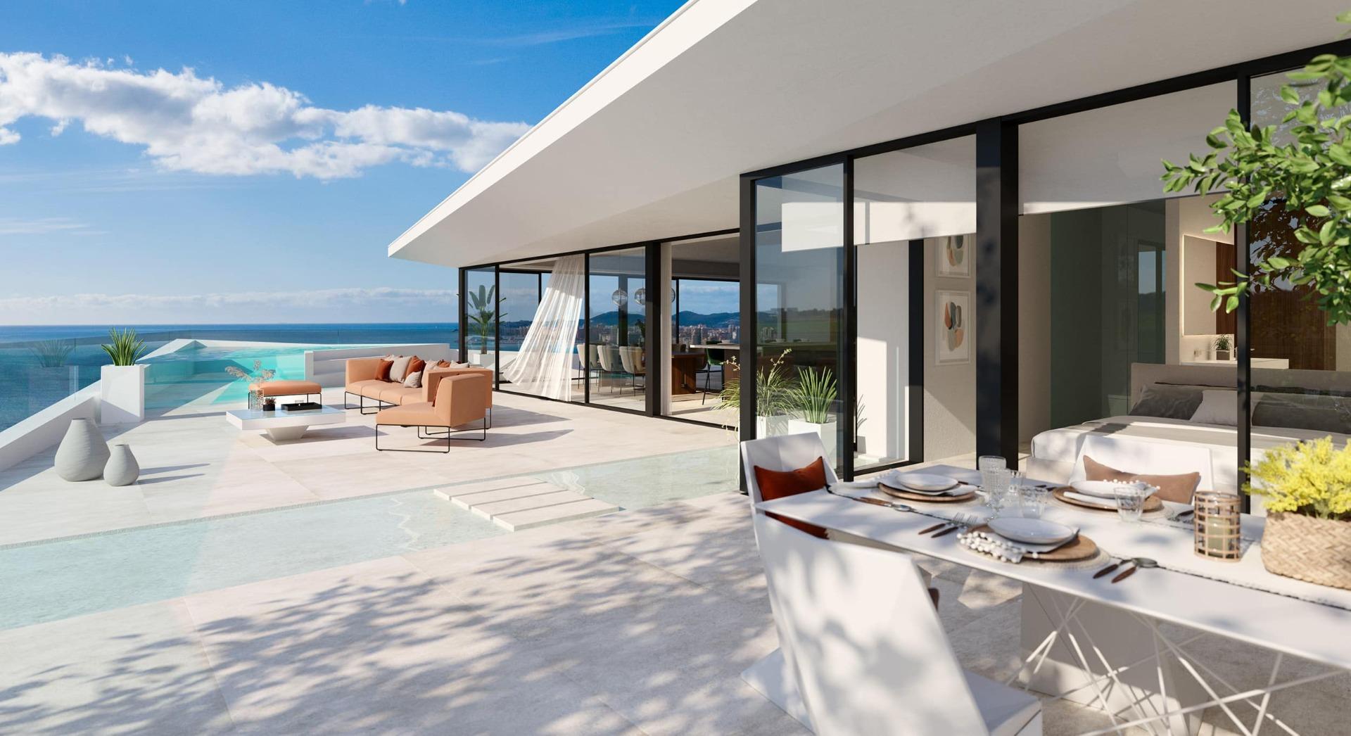 Communal pool deck with seating, Carvajal, Fuengirola
