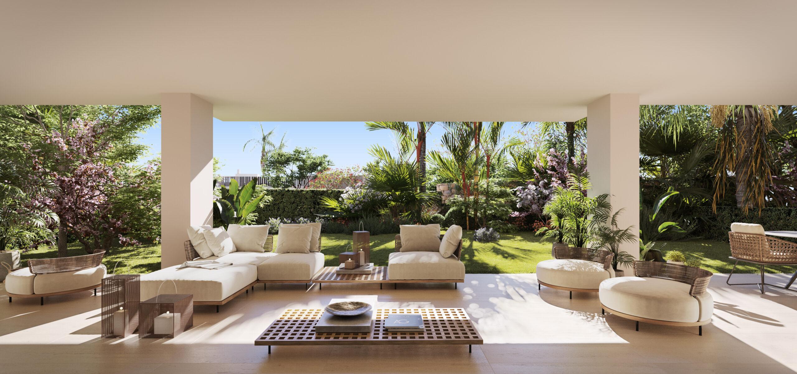 Solarium seating area in new-build penthouse, Lomas de Marbella Club
