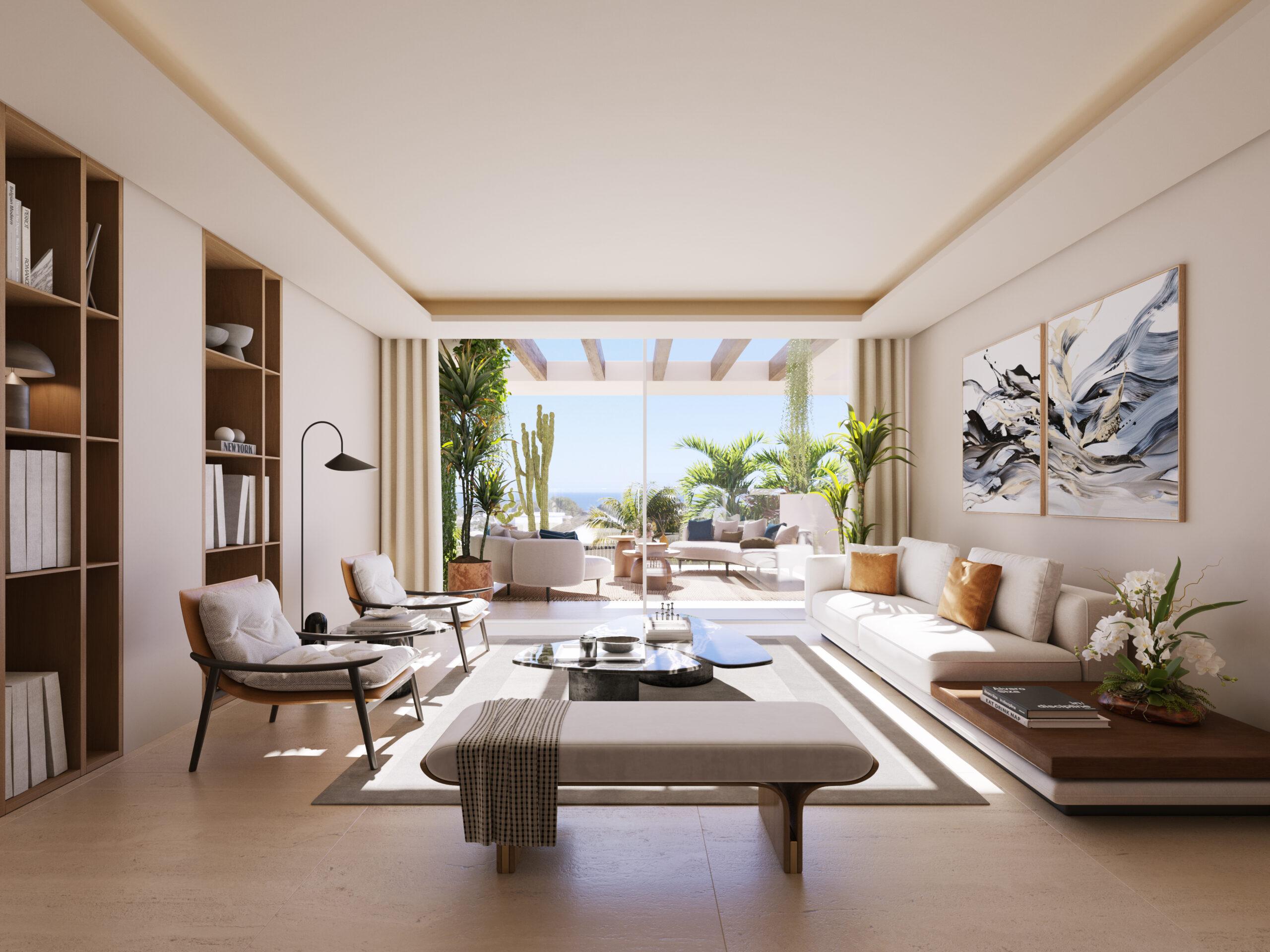 Living room with large glazed doors opening to terrace, Lomas de Marbella Club penthouse