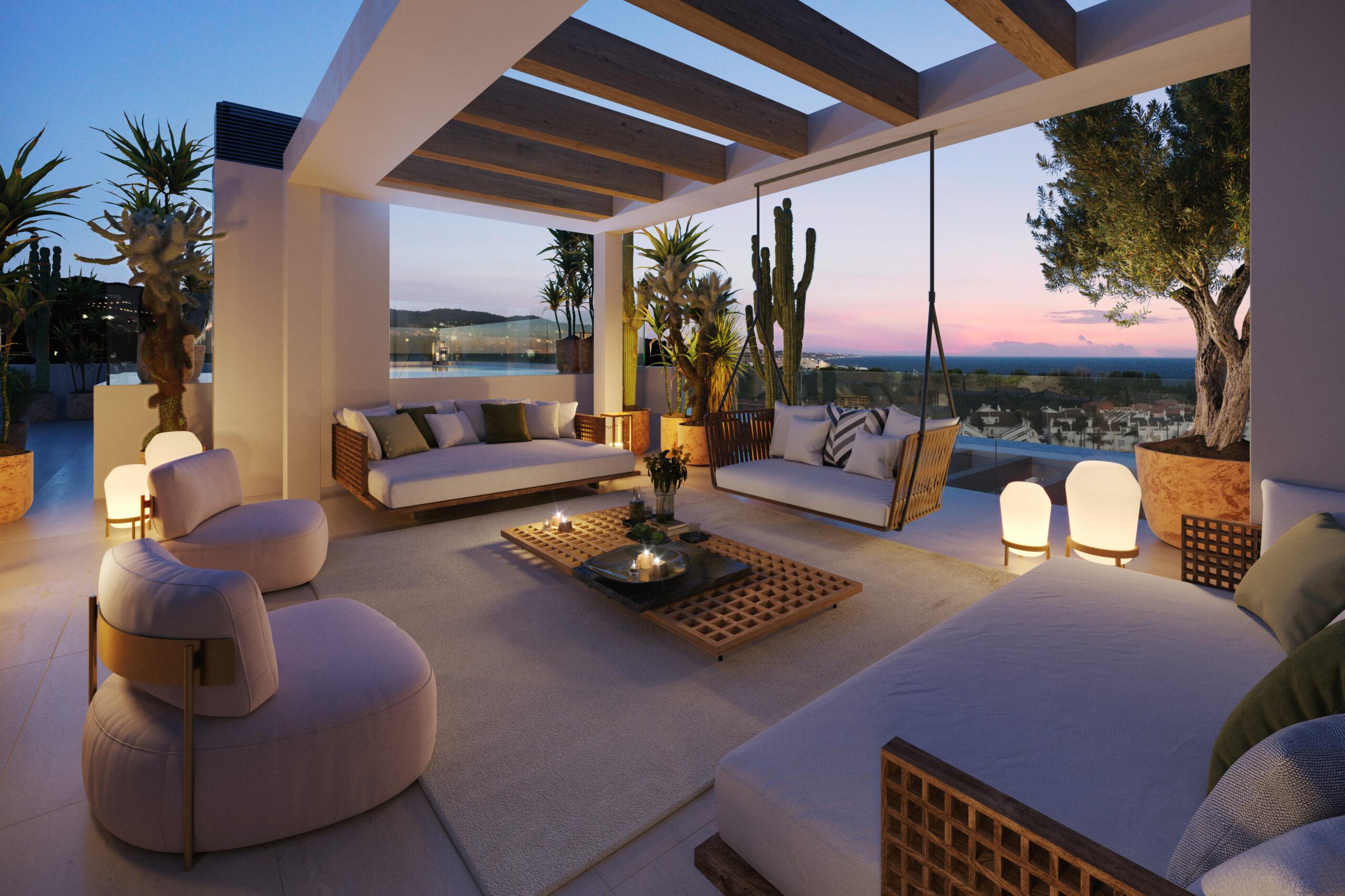 Terrace with outdoor furniture and hillside views, Lomas de Marbella Club penthouse