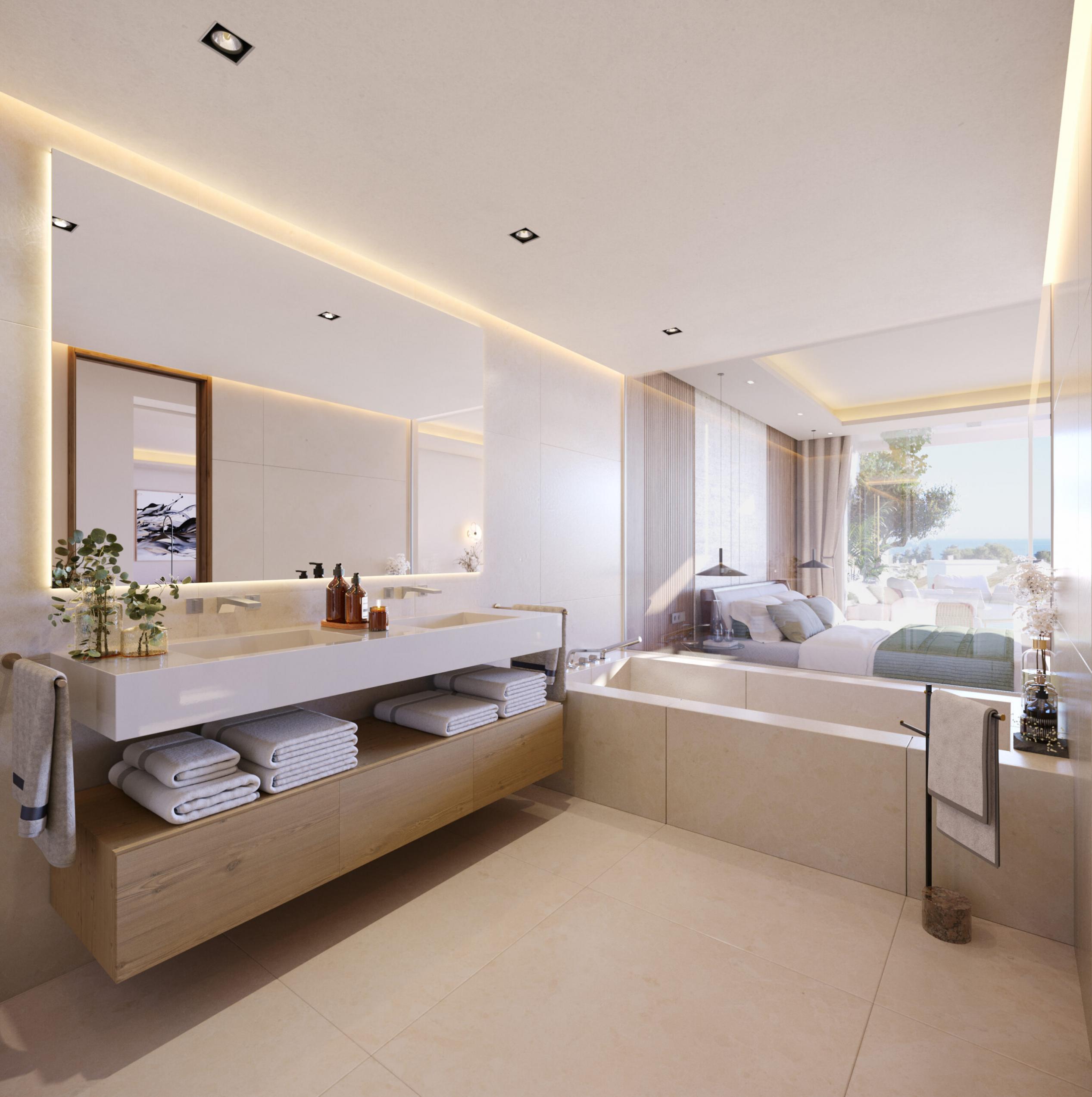 En-suite bathroom with double vanity in new-build penthouse, Lomas de Marbella Club