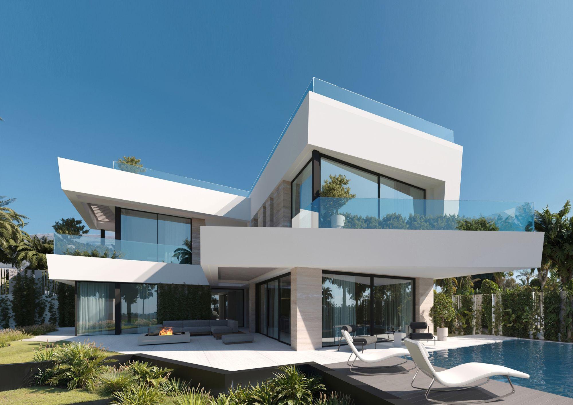 Window view across garden at new-build villa, Sitio de Calahonda