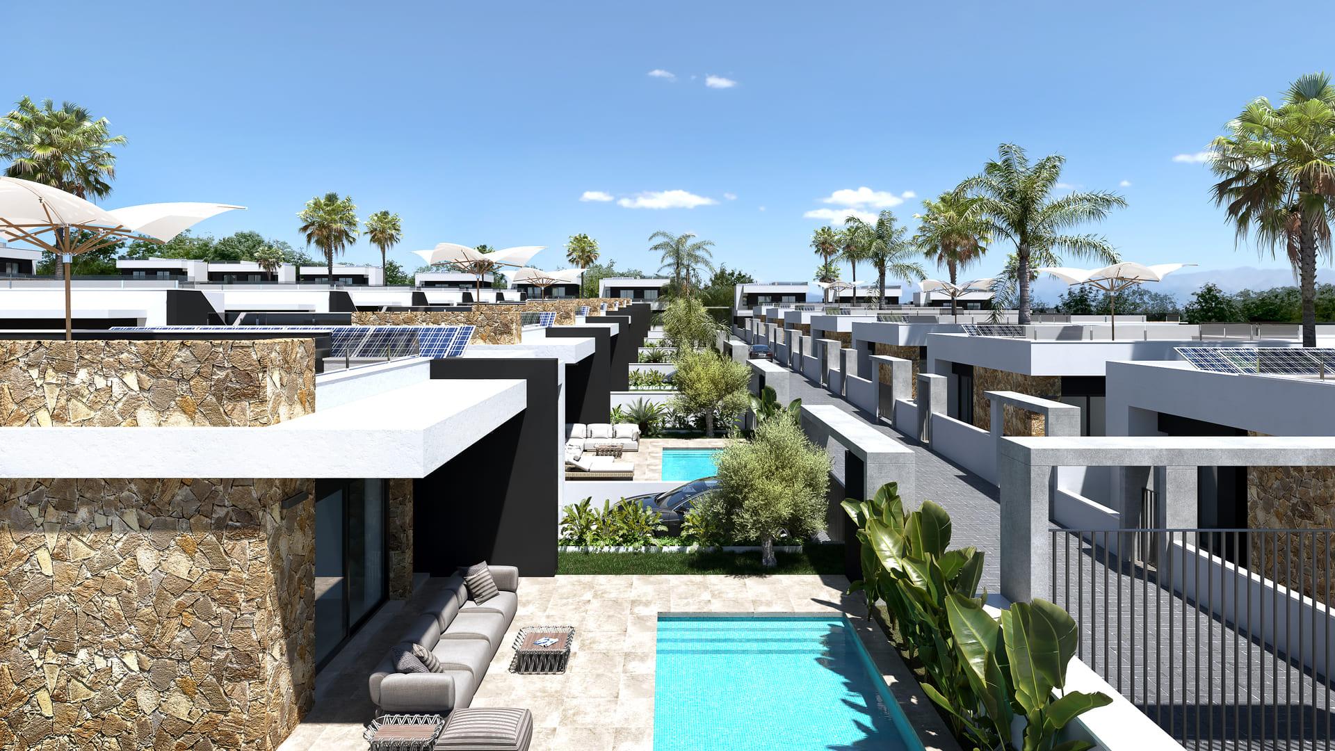 Front garden and driveway area of new-build villa, Lo Marabú