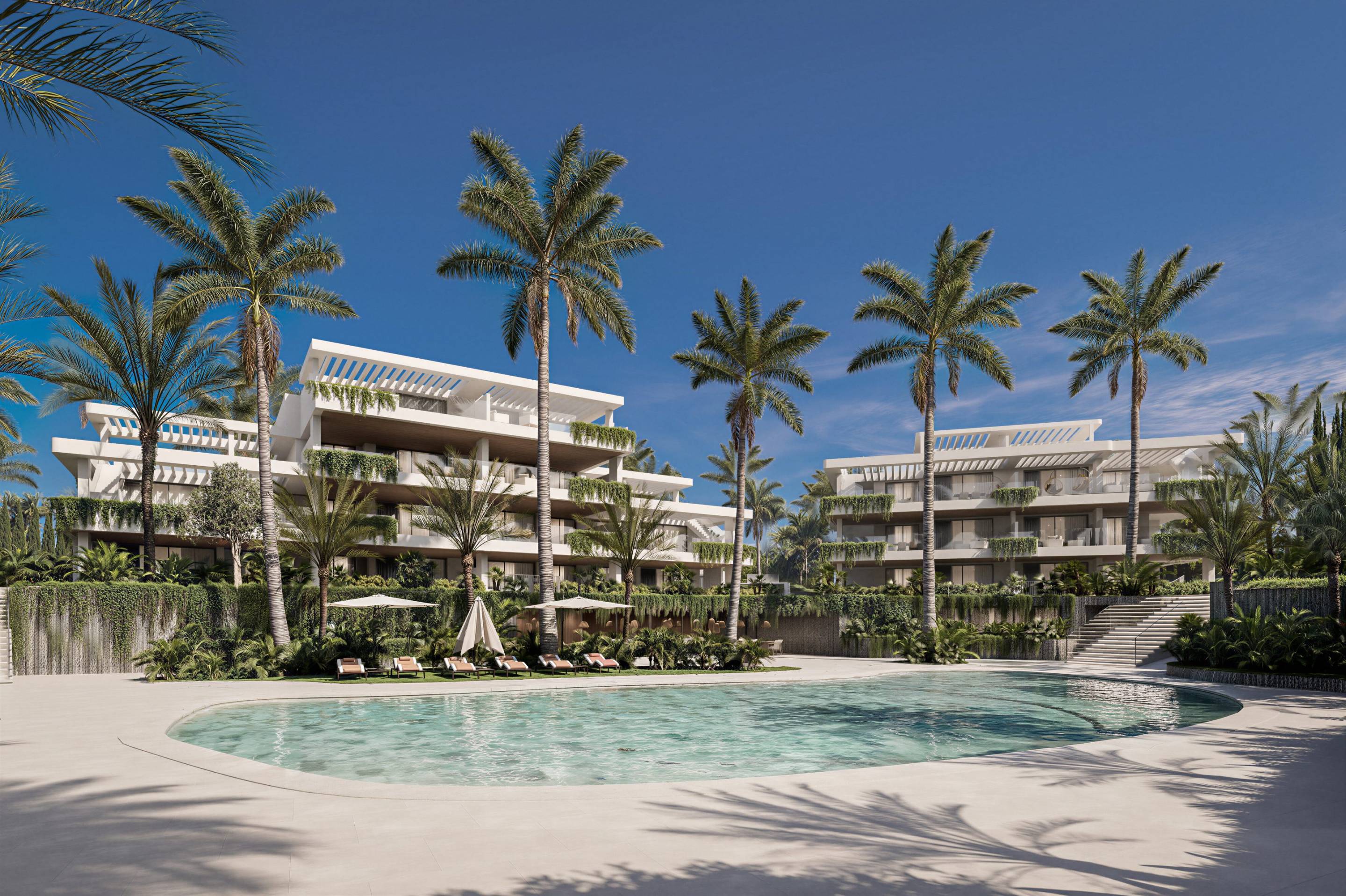 Communal pool area in new-build development, Nueva Milla De Oro