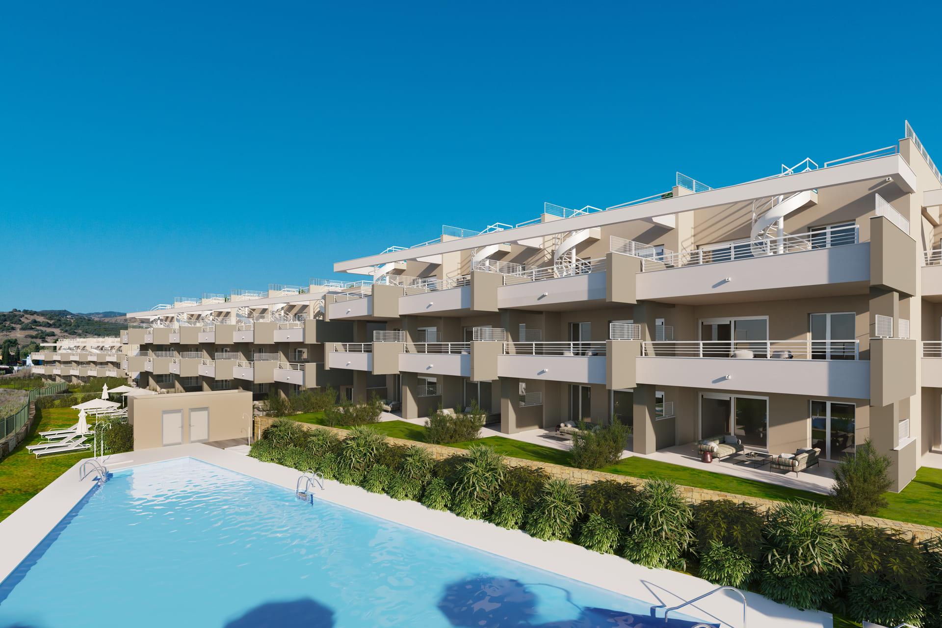Pool surroundings with seating area, Estepona Golf development