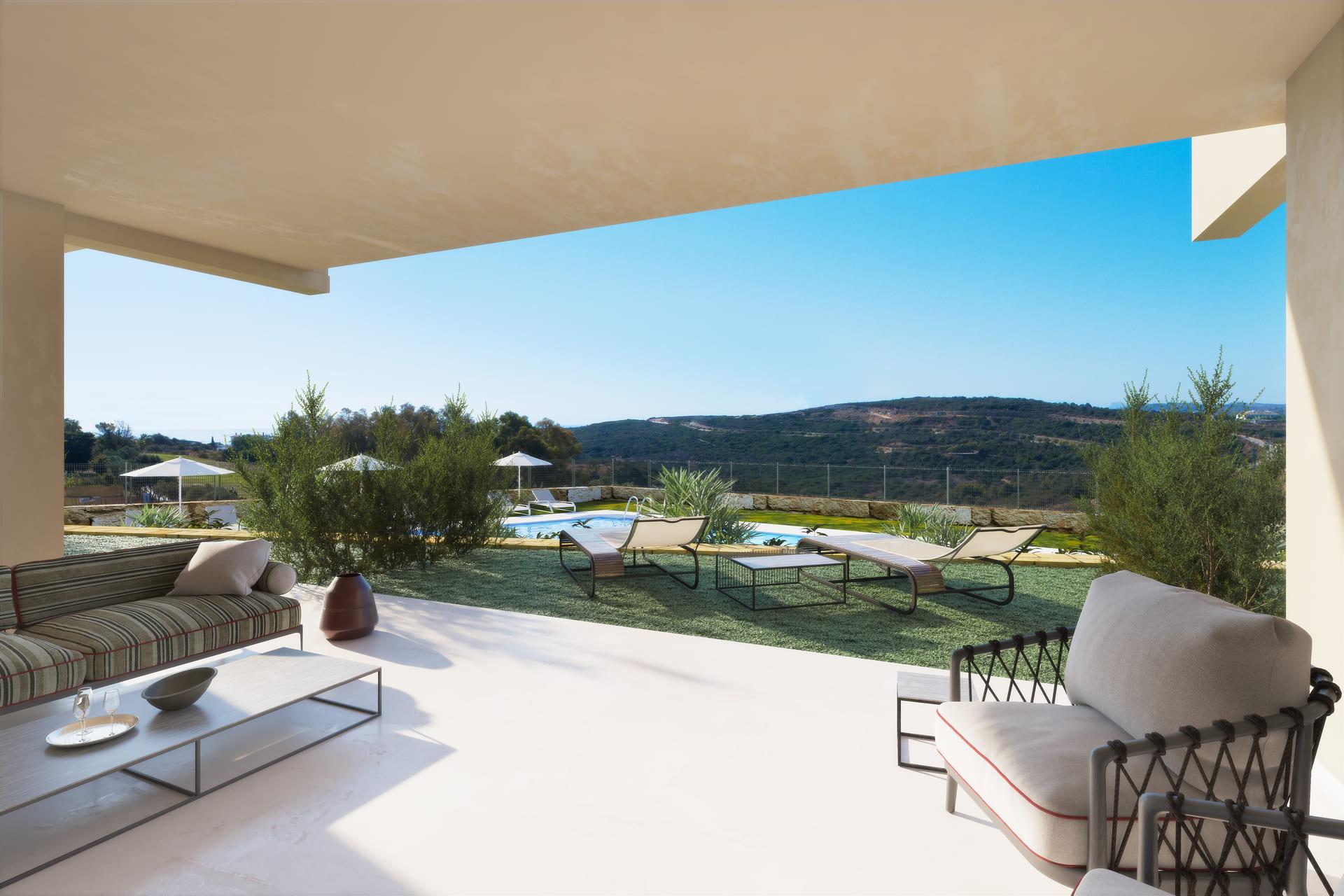 Living room with large windows in 2-bedroom apartment, Estepona Golf