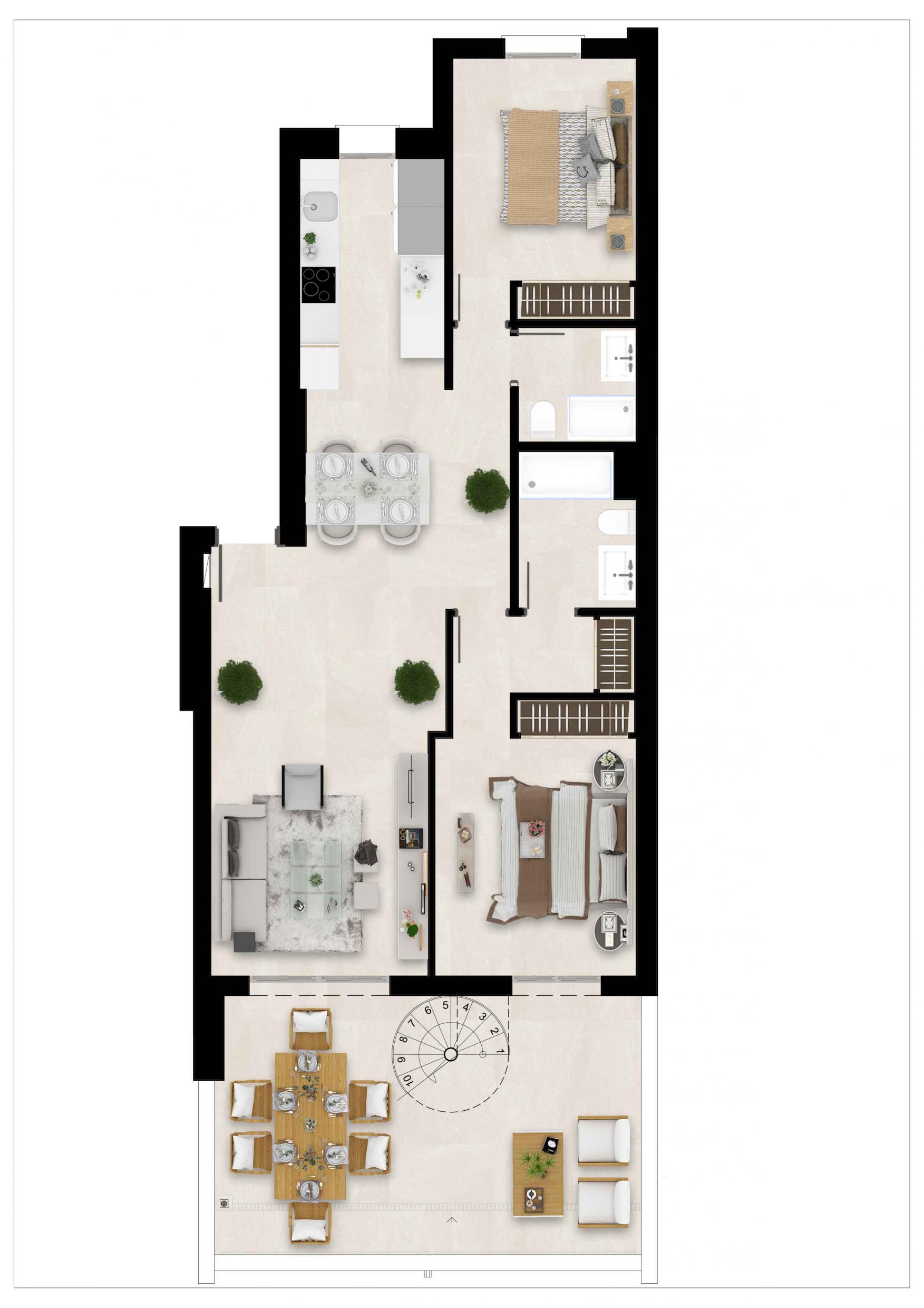 Floor plan of 2-bedroom apartment in Estepona Golf, Estepona