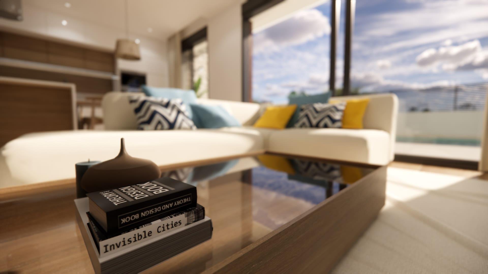 Storage and built-in detail in bedroom, new-build villa, Dolores