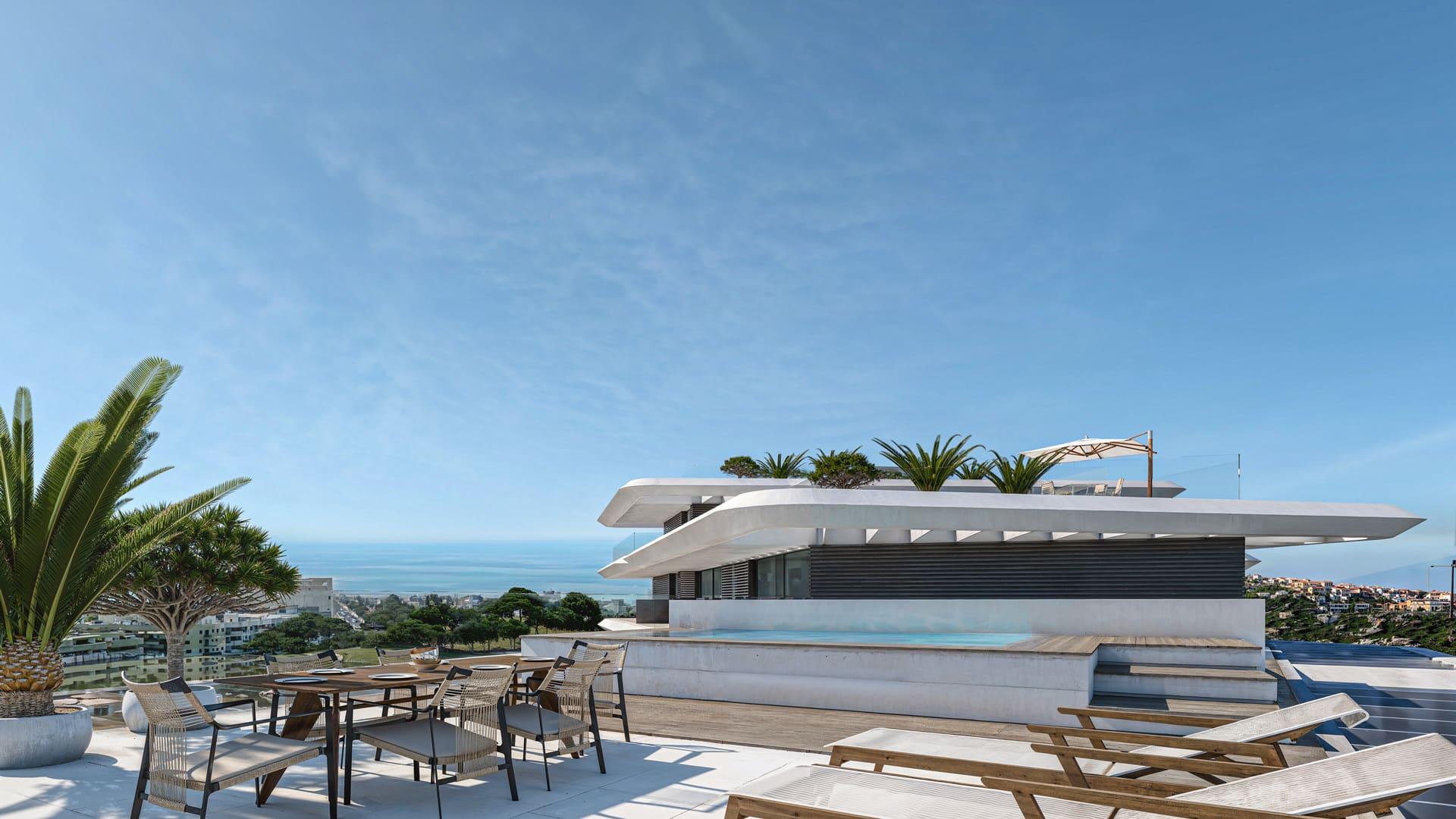 Communal pool area of the residential development, Parque Central, Estepona