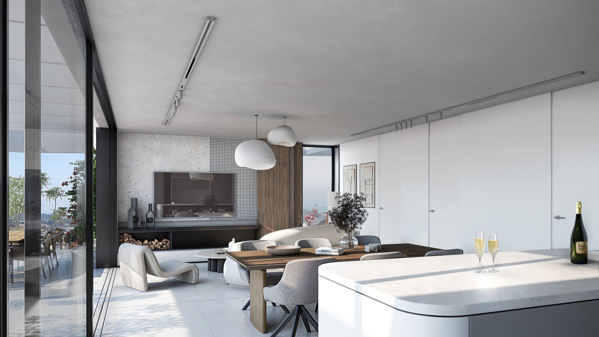 Open-plan living and dining area in 2-bedroom new-build apartment, Parque Central, Estepona