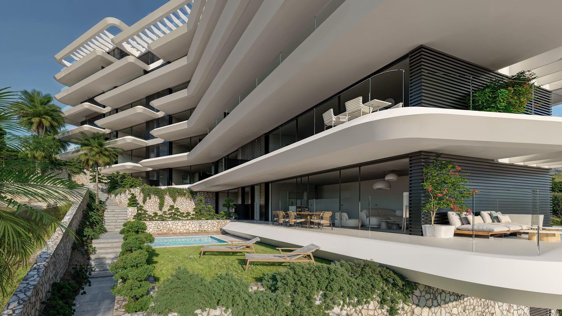Living room looking towards terrace door, new-build apartment, Parque Central, Estepona