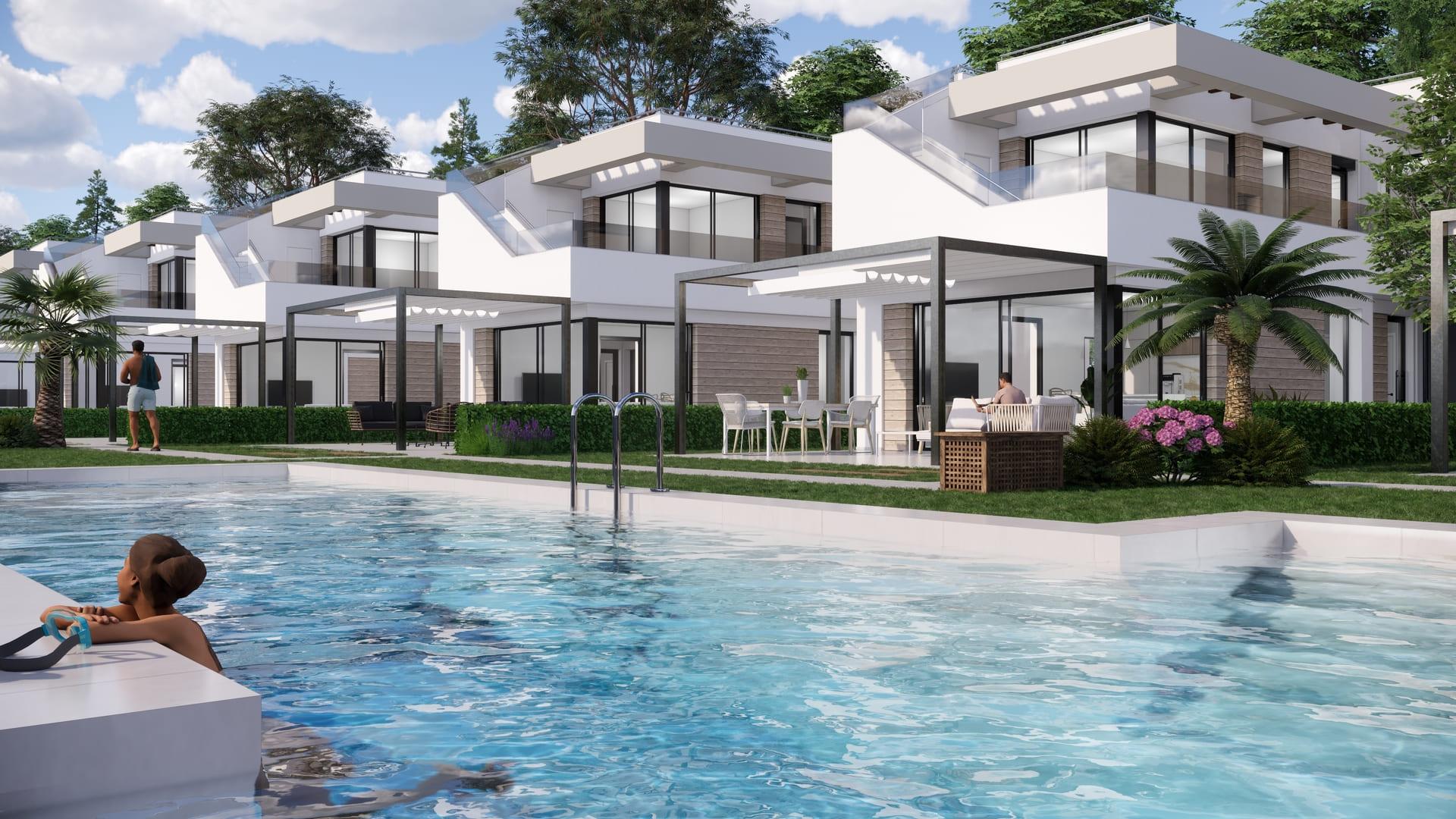 Exterior side view of 3-bedroom new-build villa in Pinar de Campoverde