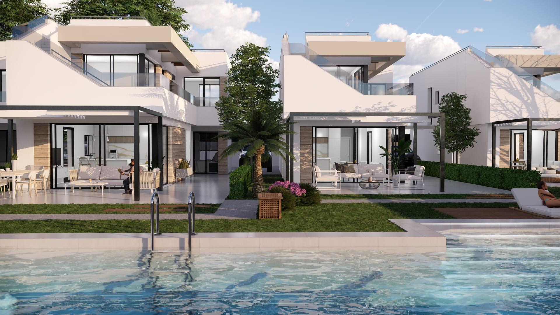 Rear exterior of new-build villa showing outdoor area, Pinar de Campoverde
